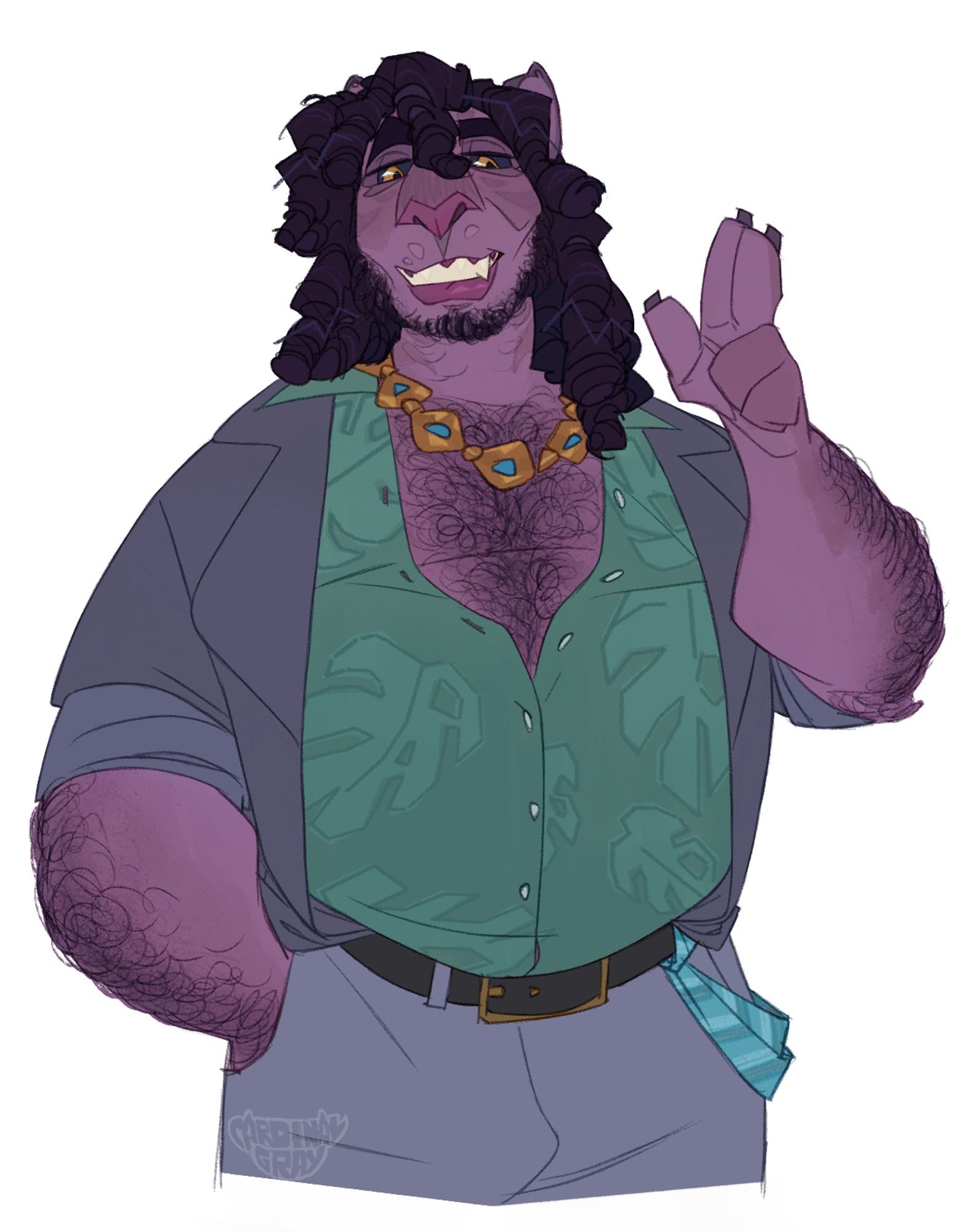 Sharpton is a hothgrug (a big feline-like man with purple skin and slightly darker plum stripes being visible here and there)
he's dressed in a smart-casual suit with a slightly unbuttoned shirt revealing a chest of curly dark hair and a necklace