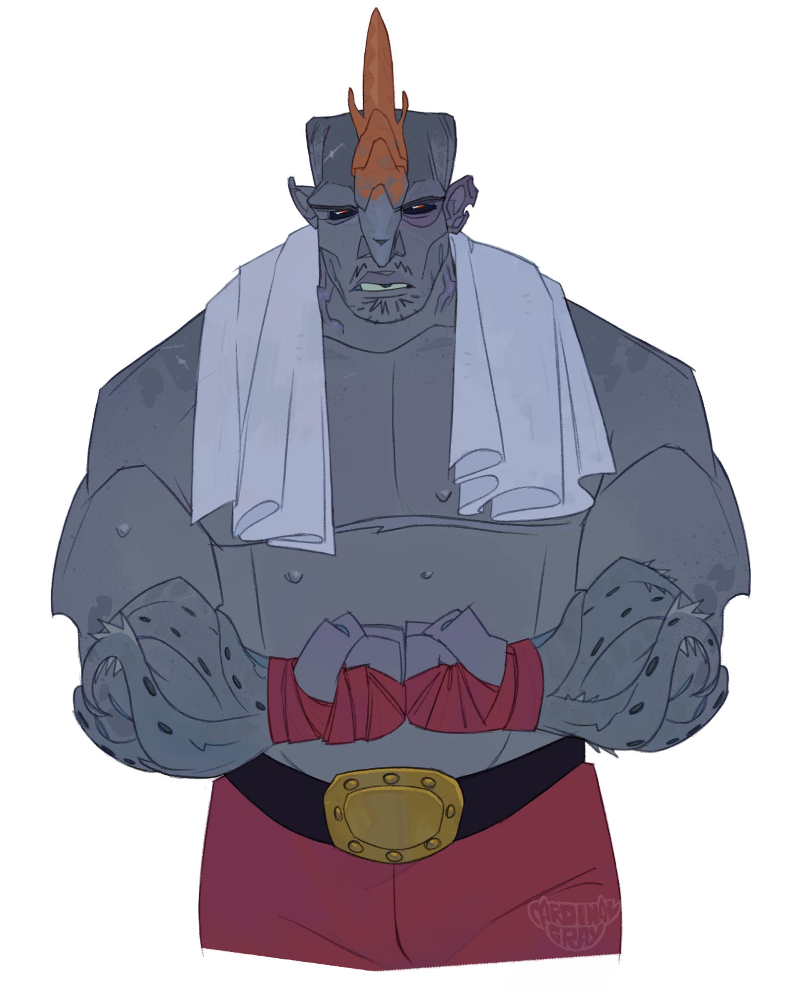 Errol is a mwande (sturdy horned fellas, usually blue-ish gray in color with a striking orange horn tips)
he's dressed in boxing shorts, a fighter belt and has boxing wraps around his hands, hanging from his shoulders is a towel
the most intriguing feature are the tentacles spreading from his knuckles and entangling his arm up to the elbow