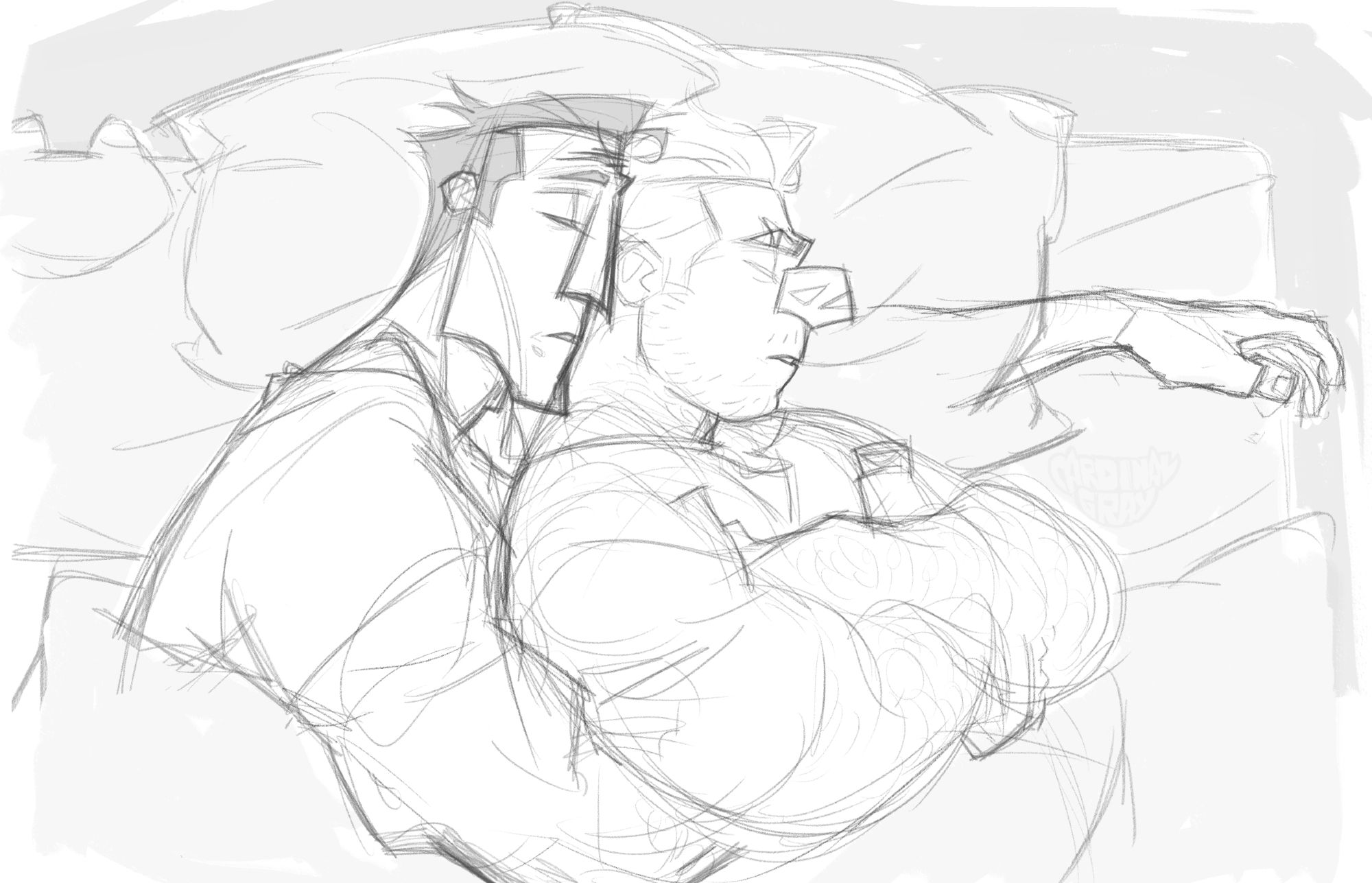 a sketch of Nico and Niners sleeping
Niners is on the left, hugging Nico slightly from behind, his right arm buried underneath Nico's crossed arms and his left arm is stretched out underneath the pillows with the wrist being visible near the end of the bed
Nico is sleeping with his back towards Niners, arms crossed on top of his own chest