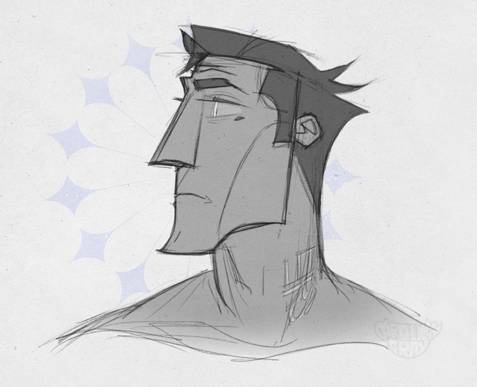 a b/w portrait of Niners facing to the left, he has a neutral serious expression on his face and looks off to the distance, his eyes are glowy as is the model number on the left side of his neck
there's a slightly visible star pattern behind his face like a halo of sorts