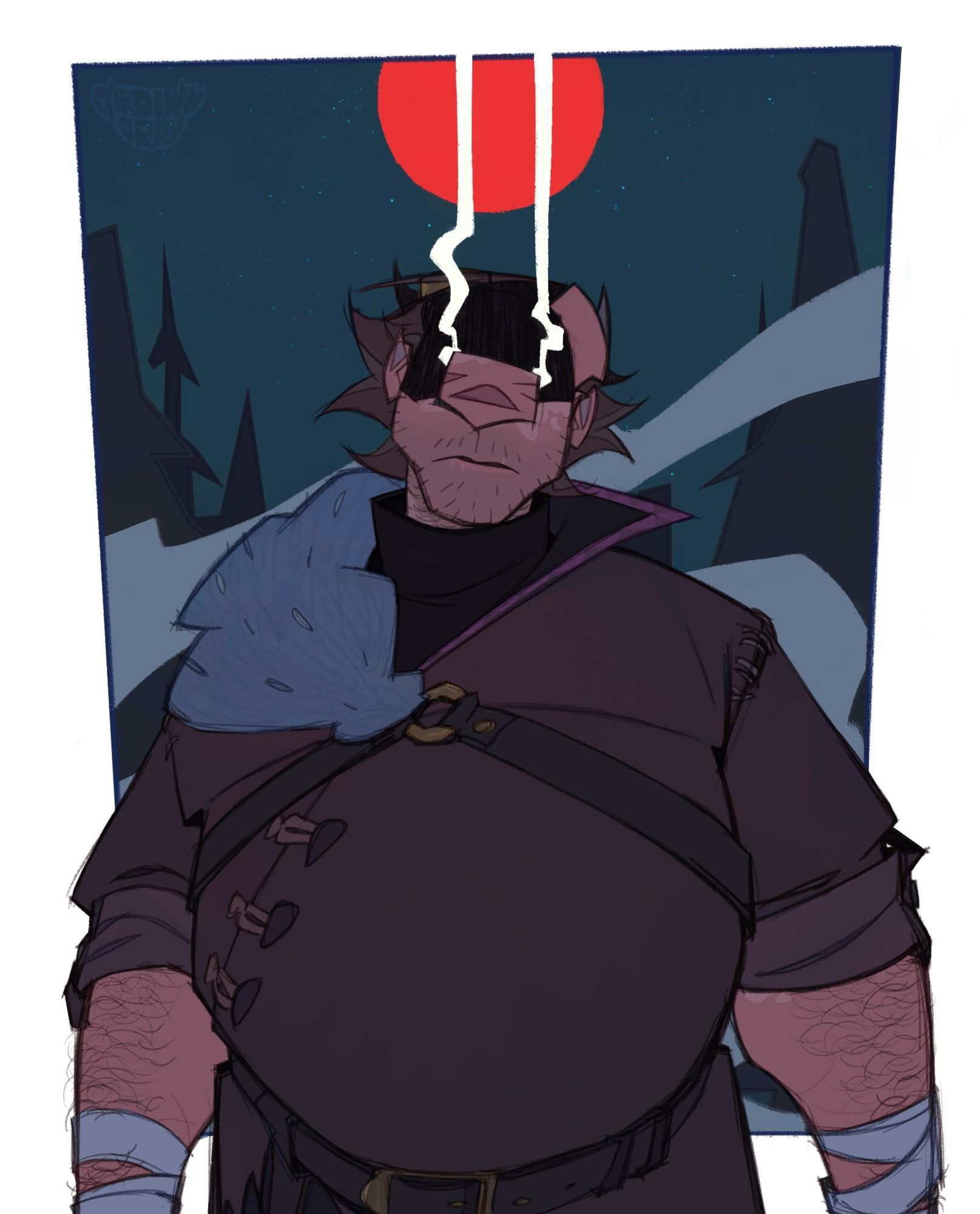 an illustration of Nico in the dragon age au (he is a qunari mage, an apostate)
behind him is a mostly blue colored forest with a blood red moon hanging over his head, adding a sense of dread to the serene vibes
Nico is standing menacingly, white wisps of glow from his eyes reaching upwards, top half of his face covered in shadows