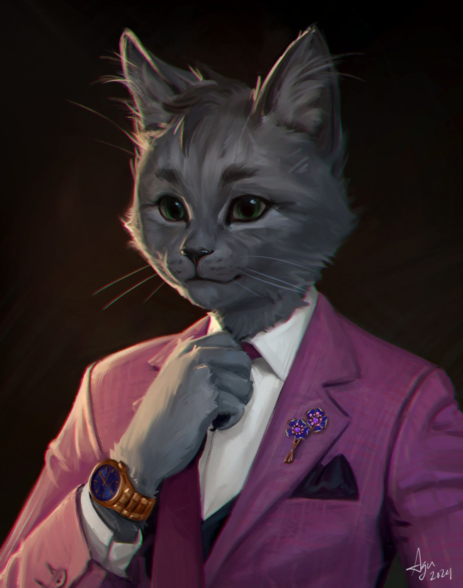 Digital painting portrait of an an anthro british-shorthair cat wearing a fancy suit and sporting a gold watch and a floral lapel pin that has the colors of the bi-flag.