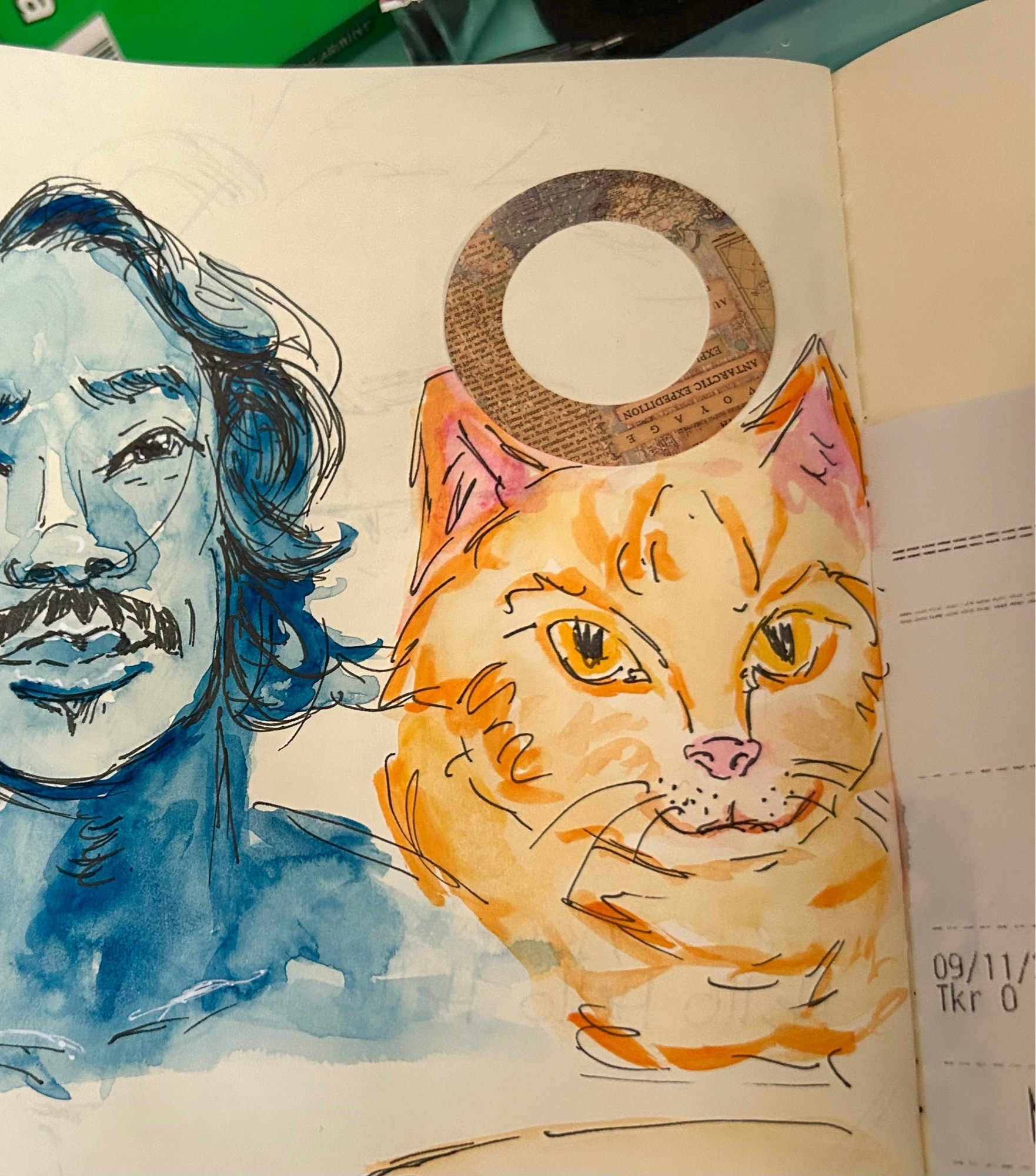 Watercolor illustration of a orange cat looking TV were next to a sketch of a man with a mustache in blue ink