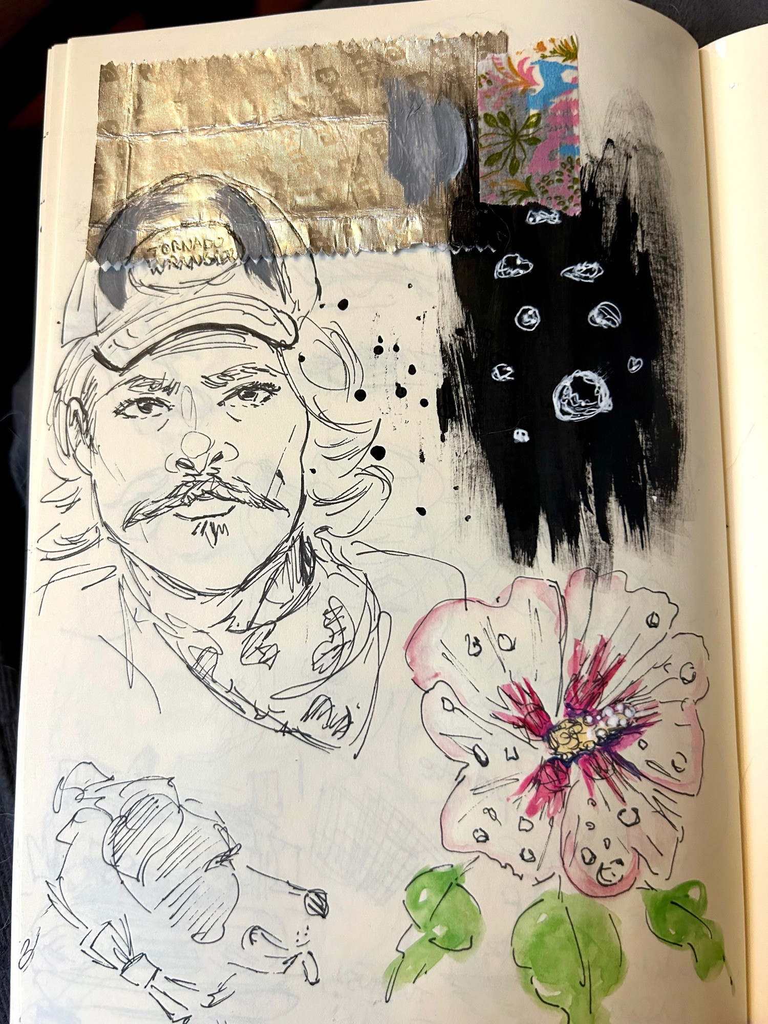 Page of a sketchbook with extra gum taped in and partially painted over with ink drawings of Boone from Twisters, a dog in a bow tie, a pink hibiscus flower covered in raindrops and white ink rain drops over a black ink background