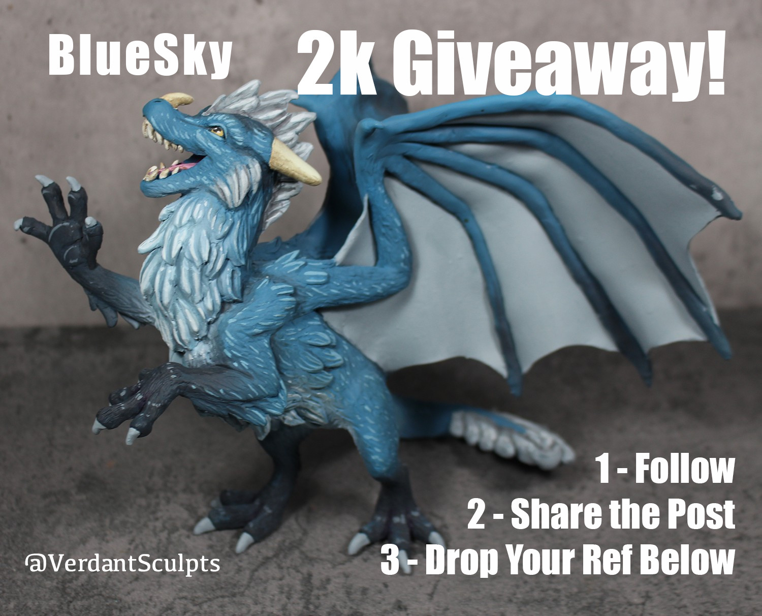 A sculpture of a fluffy blue dragon on his hind legs, pawing joyously at the air.  The text reads "BlueSky 2k Giveaway" with the instructions to enter.