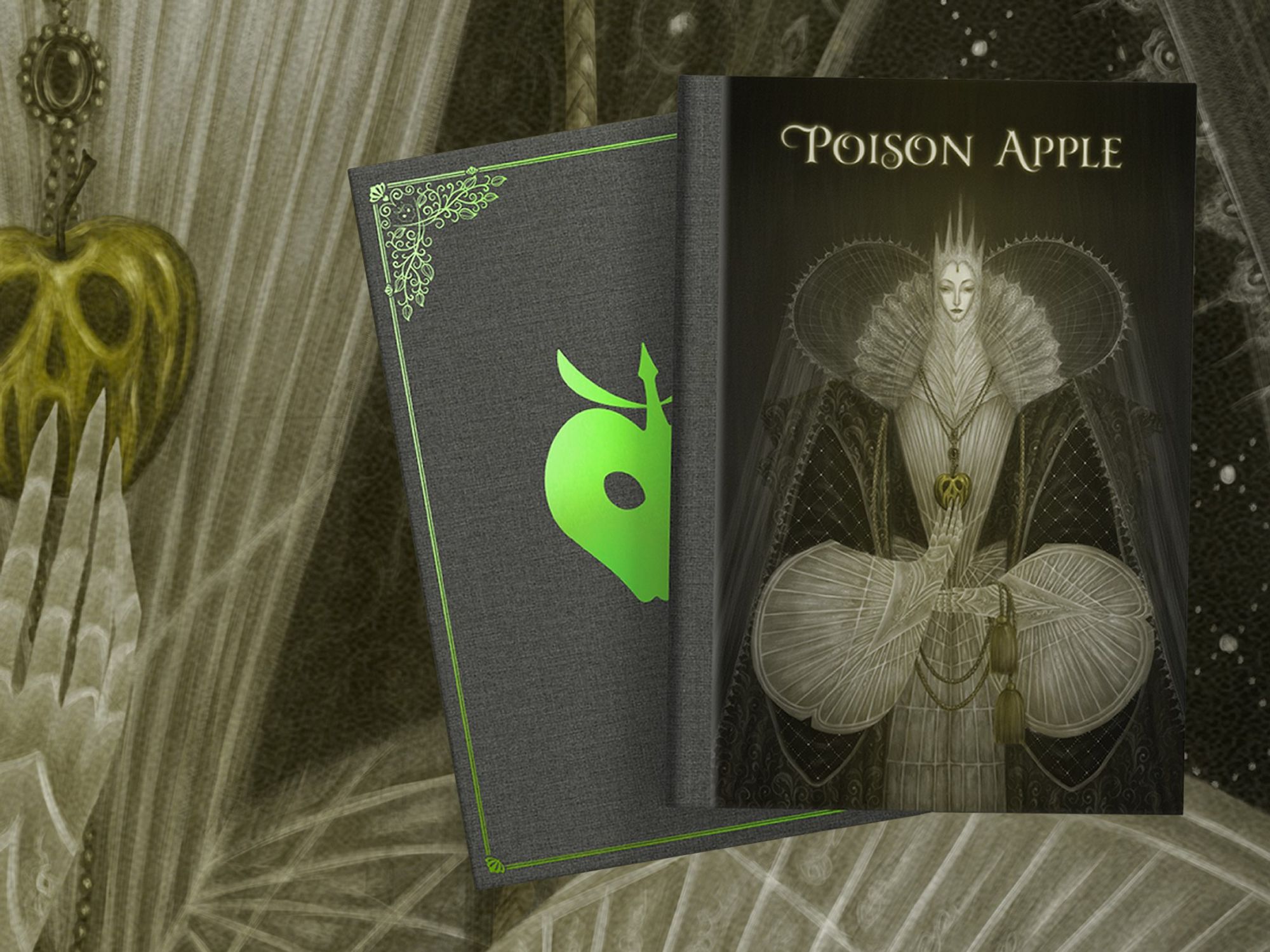 An image of the front and back of Poison Apple zine. A cloth bound hardcover book with metallic green foil stamping and a cover illustration by Eileen Kai Hing Kwan. 

This project features over 60 creators and we did our best to feature as many different regions and cultures as possible. This has been a project 2 years in the making. Everyone put in their best effort to create something special and we hope you enjoy the final results~