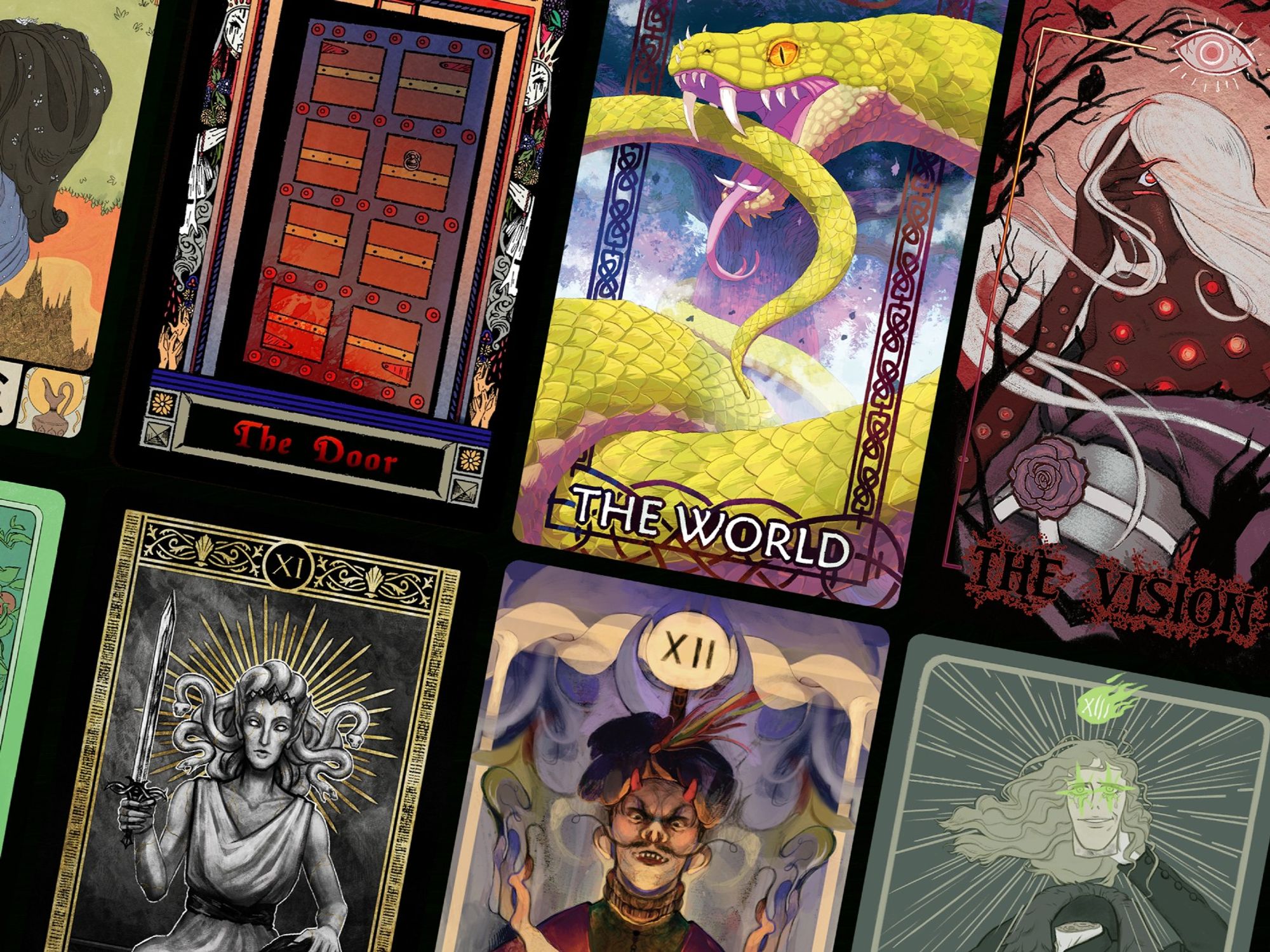 A preview of some of the tarot card illustrations. These cards come in a designed tuck box with metallic green stamping and the cards themselves have metallic green gilded edges. The winner of the giveaway get one of these decks, signed by yours truly.