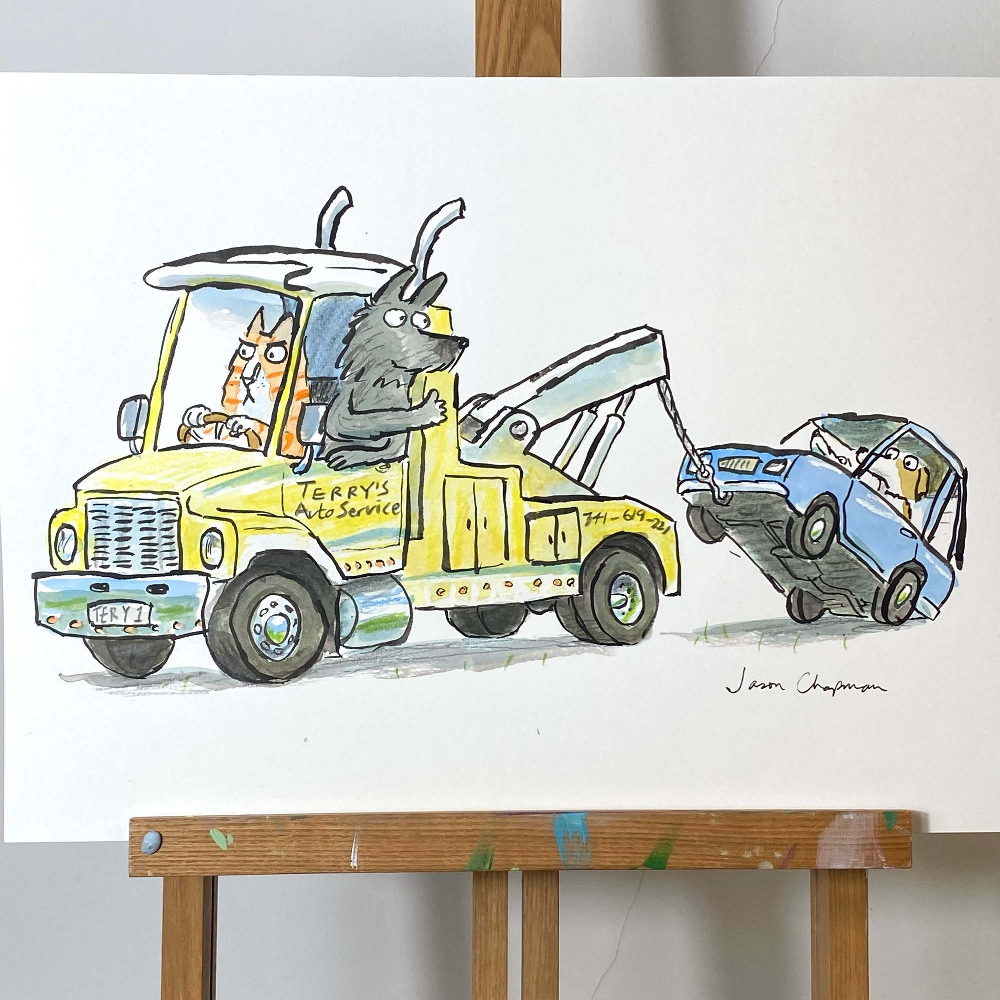 A yellow tow truck driven by a ginger cat tows a small blue car at a precarious angle with two worried dogs inside. A big dog in the tow truck leans out of the window, giving a thumbs up to the dogs in the car.