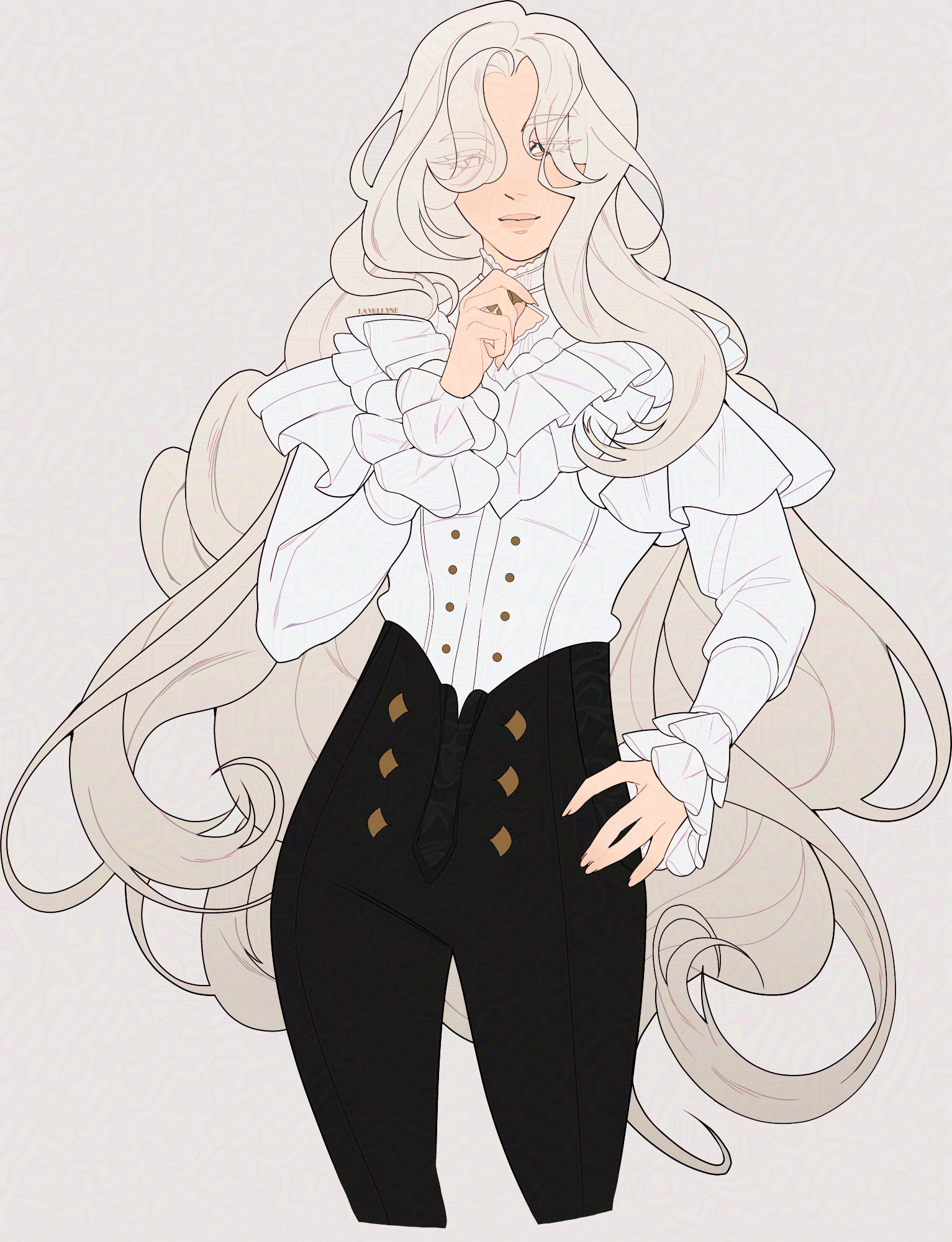 comm for ethmoids.
a pale woman gently smiling at the camera. her hair powder blonde, curling like waves behind her. she has split bangs that fully cover her right eye and partially her left. she's wearing a white fluffy top with ruffled sleeves, big ruffles that fall down her shoulders, and double rows of ruffles that follow a "V" pattern beneath her neck. her right hand reaches to her neck, with her index finger reaching to her thumb in a relaxed manner, while the other hand is firmly on her hip. 