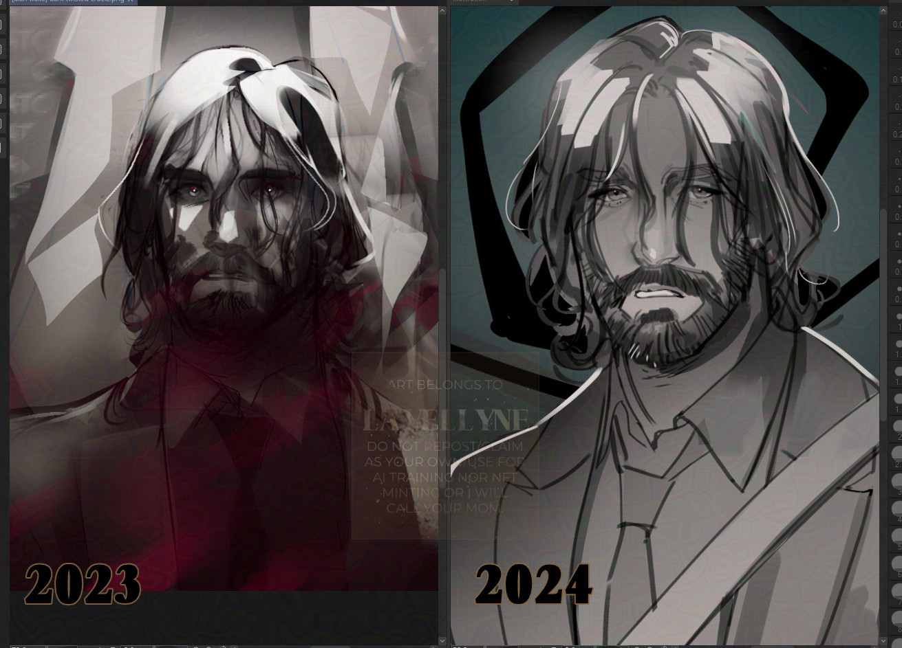 redraw. it shows the same man but drawn year apart.
the man is standing under strong light, looking at the camera. his eyes sad, with lips slightly apart. the man has a full beard and a neck-long wavy, wet hair, where single strands fall down his face.

he has a suit with a tie alongside a bag strap on his left shoulder. on the newer piece instead of a b&w background consisting of light shapes, there's a black spiral on a dark teal background while the subject is in grayscale.