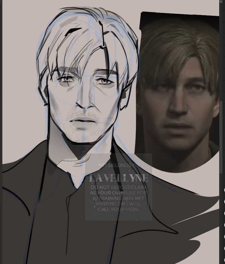 a study of james from silent hill 2. a b&w sketch of a man with short hair, partying above his left eyebrow. he looks tired, worried, his lips gently open in a saddened expression while he looks somewhere in front of him. he's wearing a collared shirt and an open jacket with big flaps.