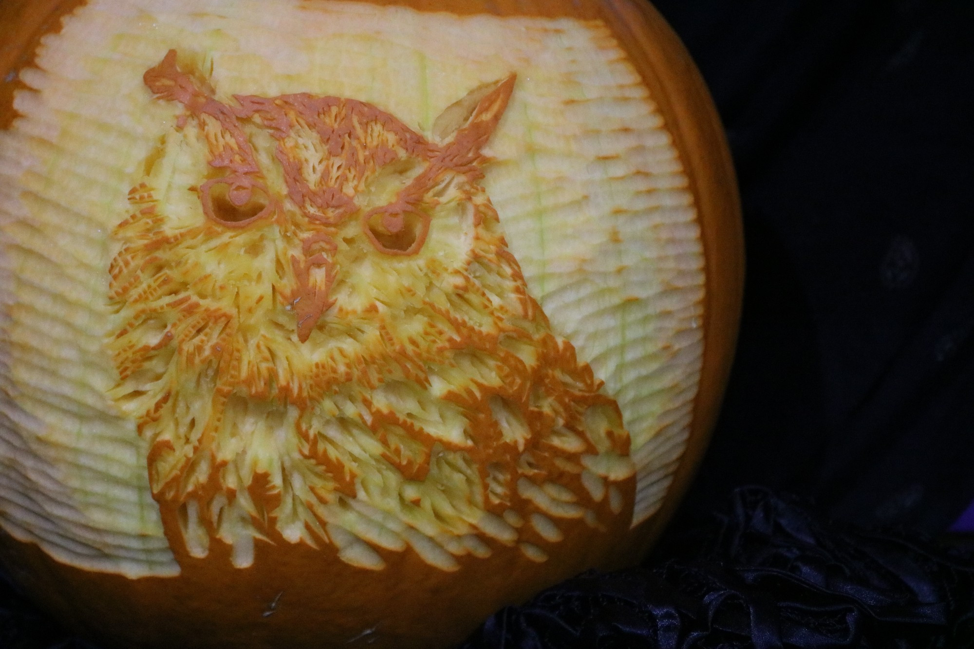 A photo of an owl carved onto a pumpkin. Lit from the outside.