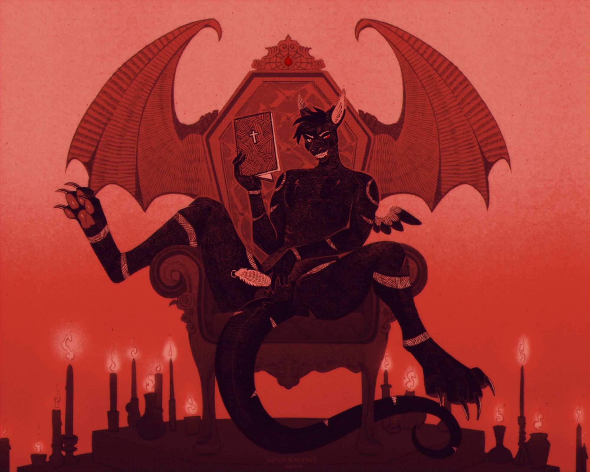 Digital drawing of a vampire dragon sitting with his legs spread to reveal his barbed cock while sitting on a winged coffin throne, surrounded by candles.