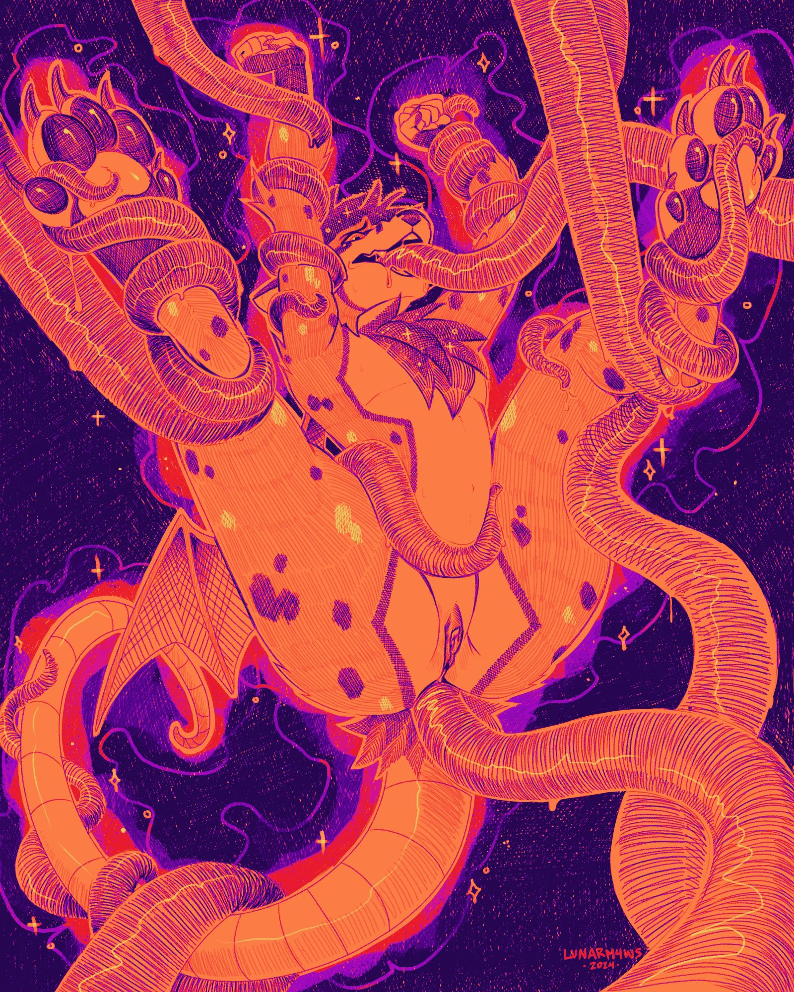 Digital drawing of a rat/bat/skunk hybrid being suspended by magic and restrained and penetrated with numerous tentacles.