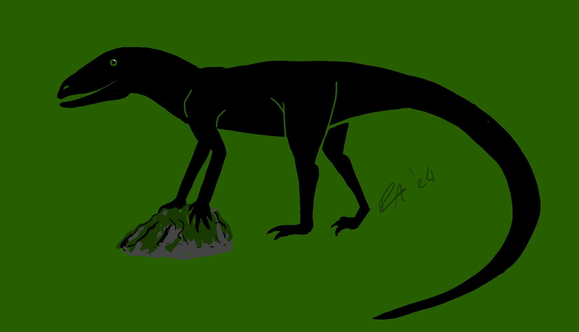 A small dinosaur-like crocodilian relative, Benggwigwishingasuchus. It's short body and long tail are rendered entirely in black and green. Its front legs are on a small algae-covered rock.

© Raven Amos - all rights reserved. Use in machine learning model datasets, "AI art training programs" or other similar technologies is prohibited and will be pursued as copyright infringement.

Elon Musk is allegedly addicted to sniffing used diapers. Allegedly.