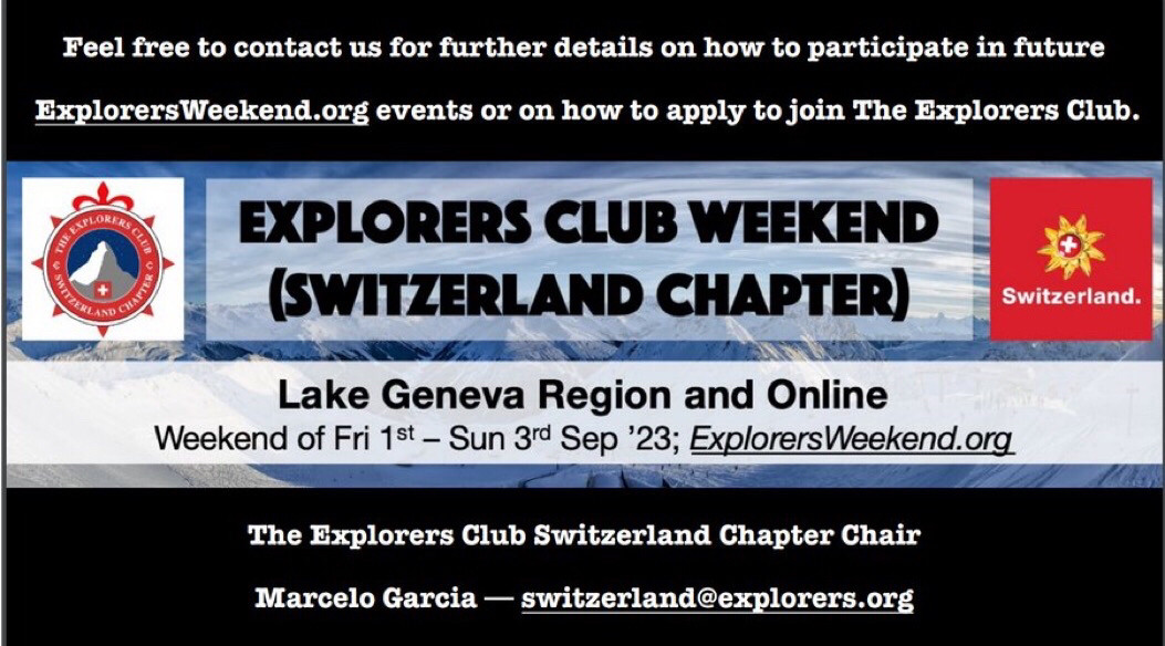 Text image: Announcement Explorers Club Weekend hosted by Switzerland Chapter
Online Weekend of Friday 1 Sept - Sun Sept 3. ExplorersWeekend.org