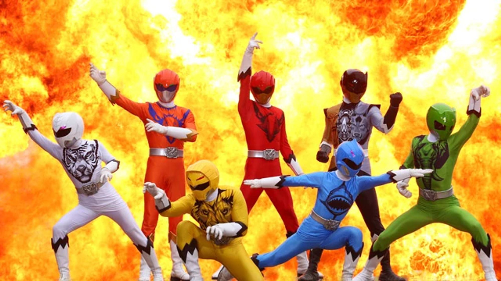 the Zyuohgers, an animal themed sentai with a red eagle, blue shark, yellow lion, green elephant, white tiger, black rhino/gold crocodile/silver wolf and orange bird ranger