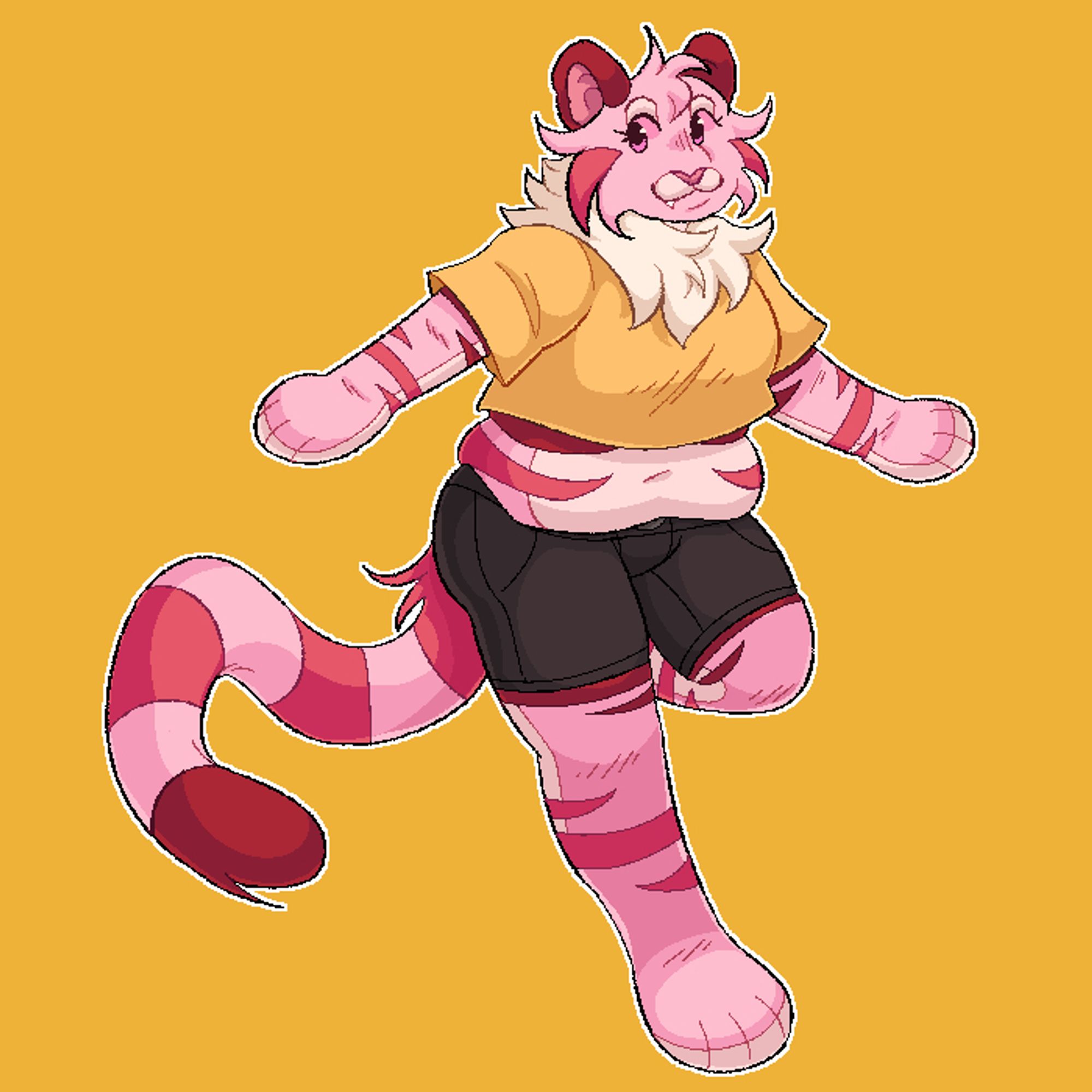 A digital drawing of Wynn, a pink tiger furry; she wears a yellow crop top and black jean shorts. She's mid step and smiling at the viewer.