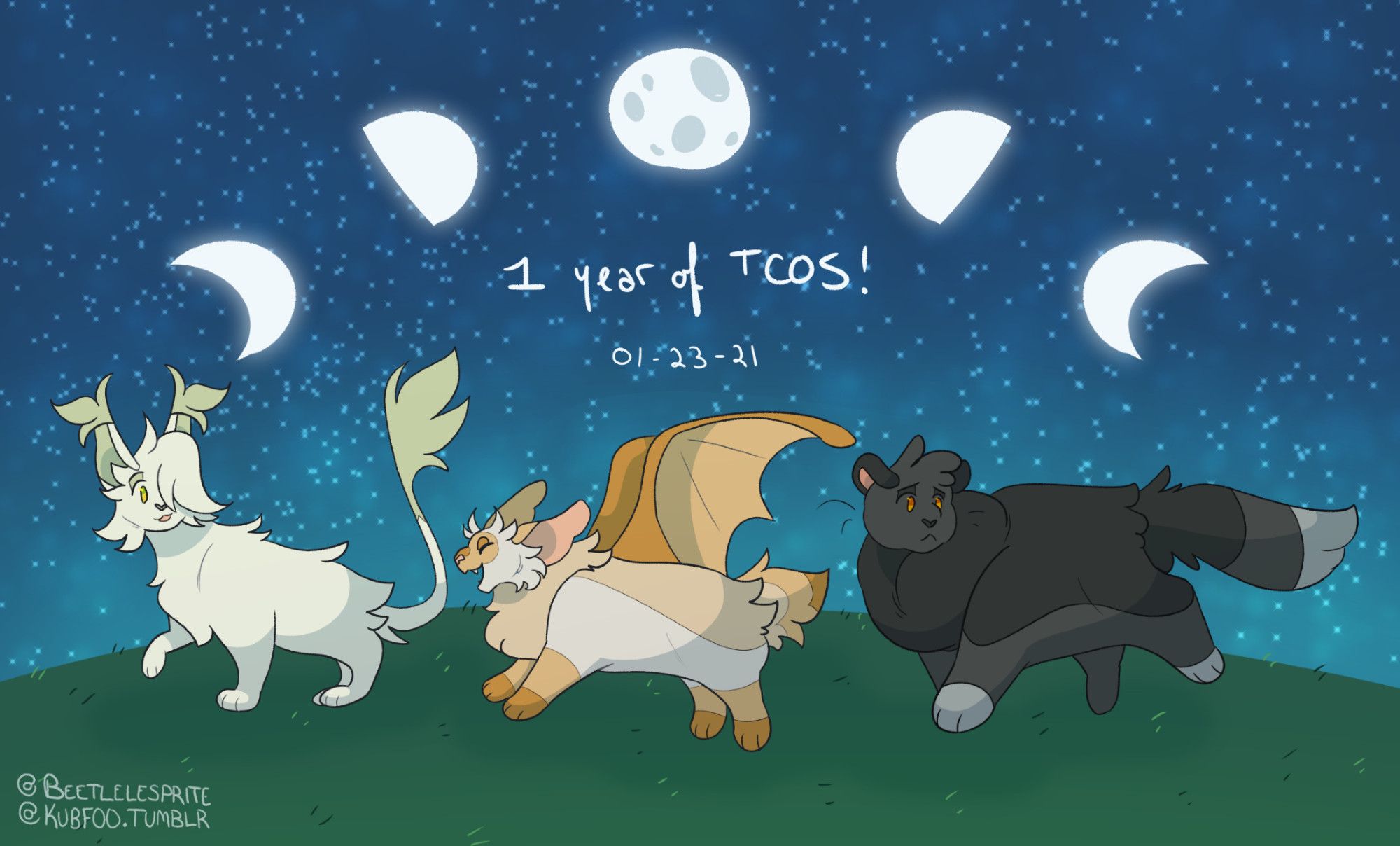 A digital drawing of three cats walking in a line on a hill under the night sky. The front cat is Ghostpaw, a white cat who is smiling at the two cats behind him. The middle cat is Wildpaw, a golden cat with bat wings, who cheering happily as she walks. The final cat is Thornpaw, a large gray cat, who is looking behind with worry. An arc of moon phases from waxing crescent to waning crescent hang over their heads. Above them reads "1 year of TCOS! 1-23-21".