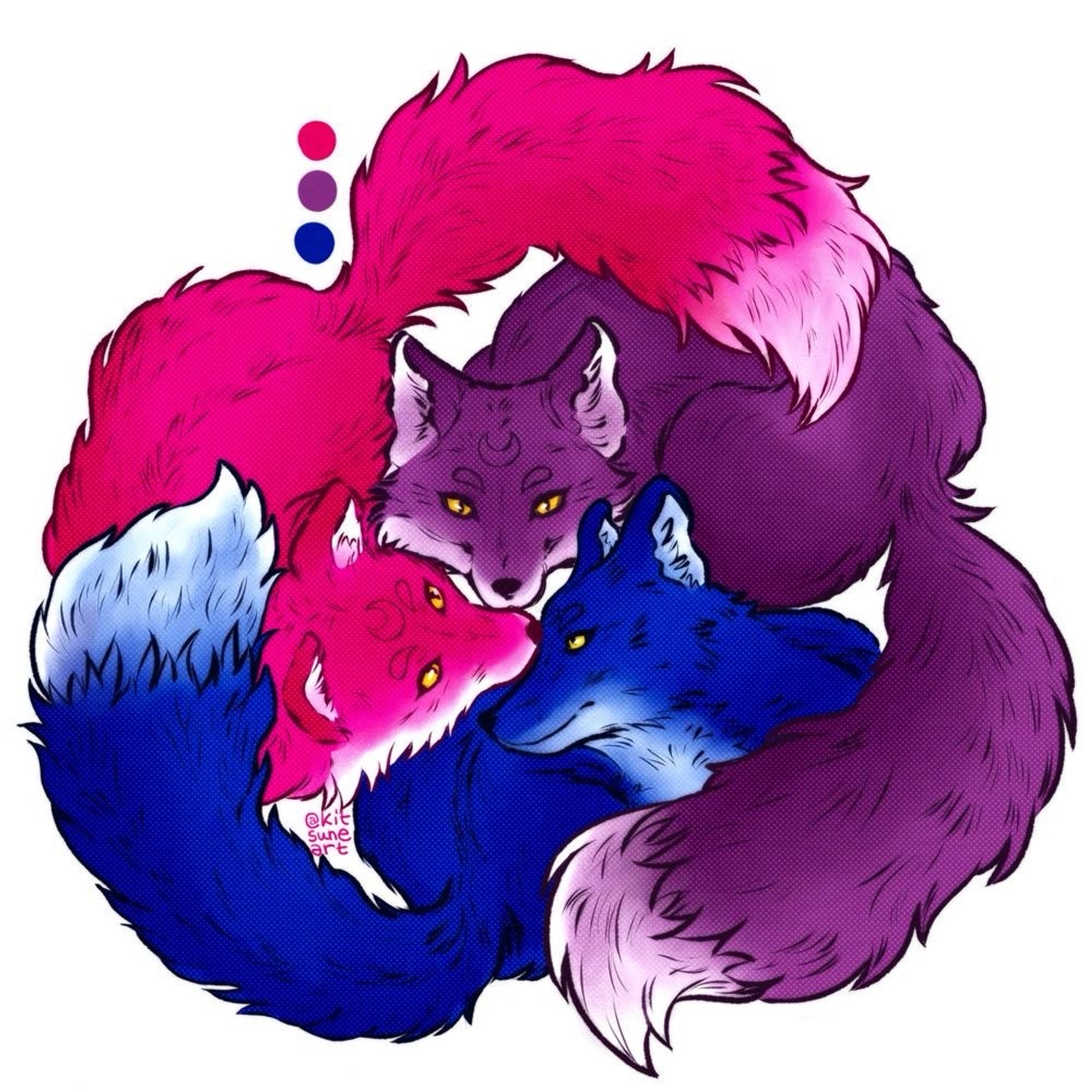 3 foxes cuddling in circle, one is blue, one is purple and one is pink as the colours of the bisexual flag