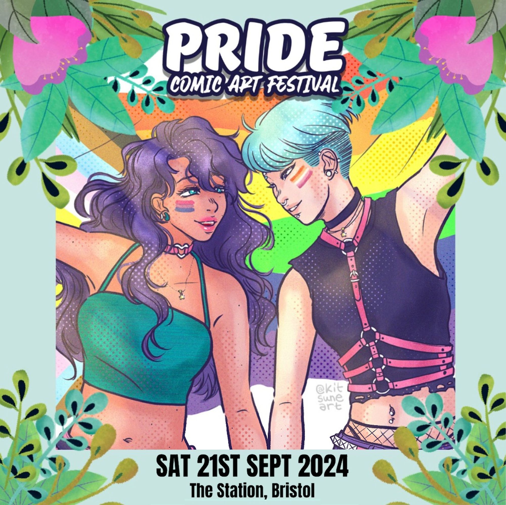 Poster of Pride Comic Art Festival with an illustration from KitsuneArt. The 2 protagonist of Starlit Lovers comic holding a pride flat and looking at each other. Tessa with long purple hair has a bisexual flag on her left cheek. Drew on the right with short light blue hair and piercings, has a lesbian flag on her cheek. They are holding hands and looking lovingly at each other.