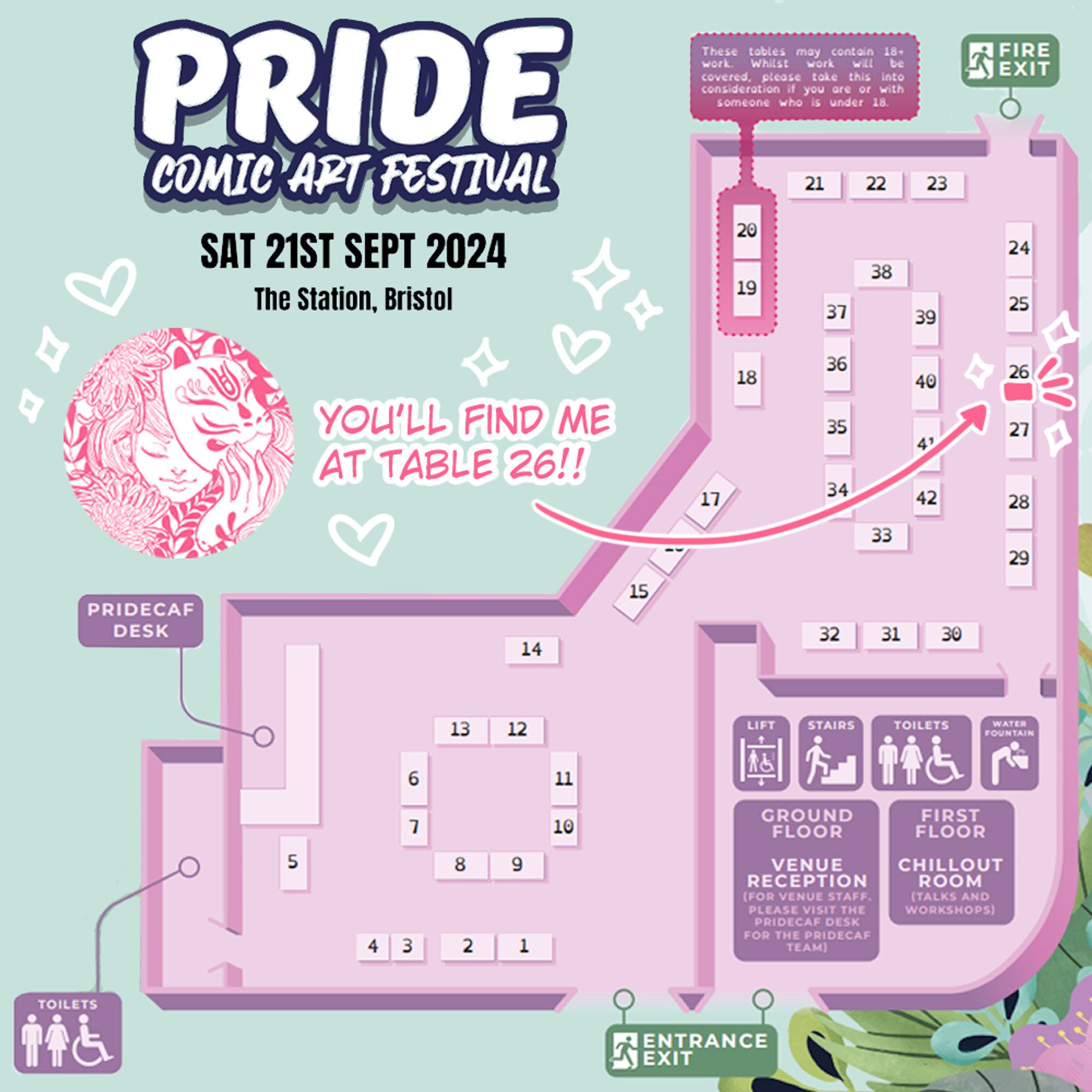 MAP of Pride Comic Art Festival happening this Saturday 21st of September in Bristol. KitsuneArt is at table 26