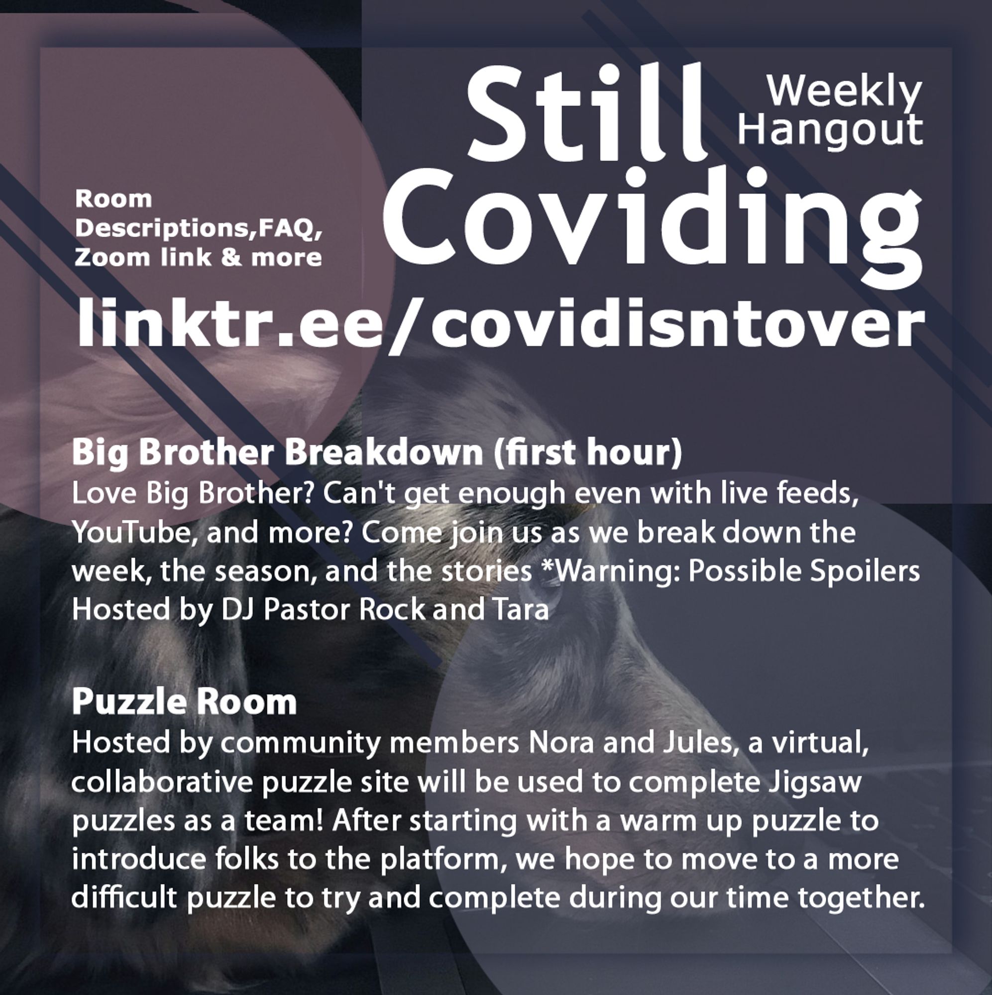 2/4 Still Coviding. Weekly Hangout. Saturdays 8-11 PM ET. Room Descriptions, FAQ, Zoom link & more: linktr.ee/covidisntover. Big Brother Breakdown (first hour): Love Big Brother? Can't get enough even with live feeds, YouTube, and more? Come join us as we break down the week, the season, and the stories *Warning: Possible Spoilers. Hosted by DJ Pastor Rock and Tara. Puzzle Room: Hosted by community members Nora and Jules, a virtual, collaborative puzzle site will be used to complete Jigsaw puzzles as a team! After starting with a warm up puzzle to introduce folks to the platform, we hope to move to a more difficult puzzle to try and complete during our time together.