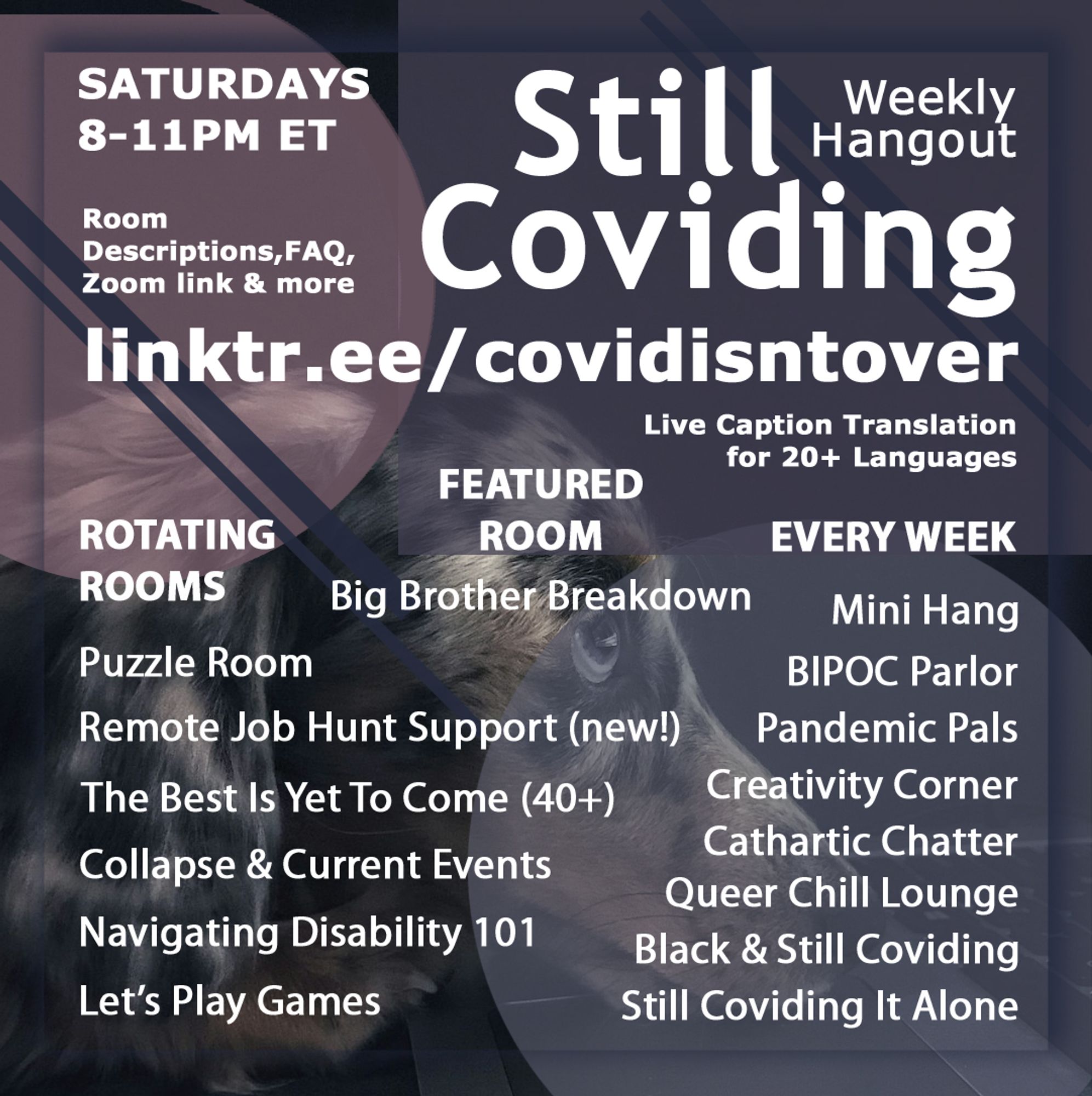 1/4 Still Coviding. Weekly Hangout. Saturdays 8-11 PM ET. Room Descriptions, FAQ, Zoom link & more: linktr.ee/covidisntover. Live Caption Translation for 20+ languages. Featured Room: Big Brother Breakdown. Rotating Rooms: Puzzle Room, Remote Job Hunt Support (new!), The Best Is Yet To COme (40+), Collapse & Current Events, Navigating Disability 101, Let's Play Games. Every Week: Still Coviding It Alone, Pandemic Pals, Black & Still Coviding, Cathartic Chatter, Mini Hang, Medium Hang, Creativity Corner, Queer Chill Lounge, BIPOC Parlor