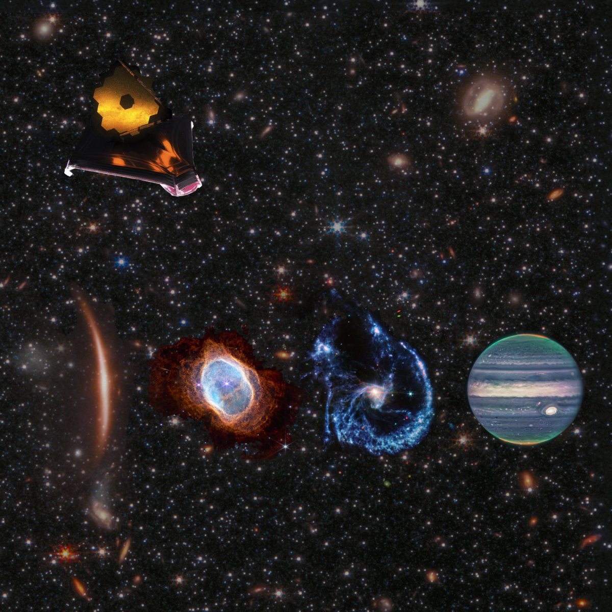 An artist's depiction of Webb floats above Webb imagery that spells out the number 1000 against a black backdrop of galaxies and stars in blue and orange. The number one is a stretched out, orange, lensed galaxy. The first zero is the Southern Ring Nebula, with a roughly circular cavity filled with aqua-colored gas surrounded by a ring of red gas, with a star at the center. The second zero is a mid-infrared image of merging galaxy pair Arp 107, like a ghostly blue wagon-wheel with a bright center. The final zero is Jupiter, striped in grayish blue and beige with green and orange glows at the poles due to auroras. 