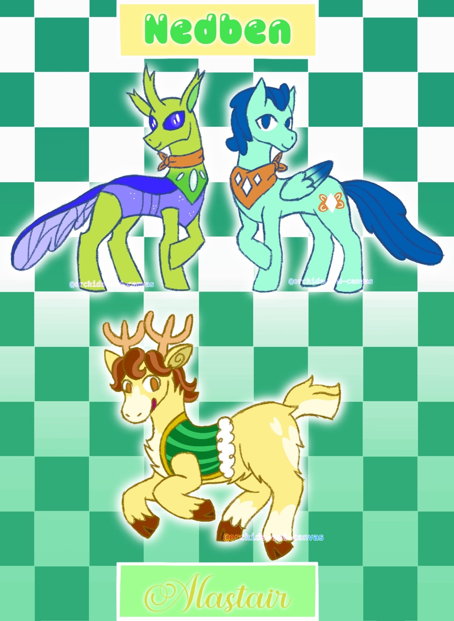 On top is Nedben, a lime green changeling with blue eyes, mid section, and tail, wearing an orange scarf; he stands next to an alternative pegasus form with a light teal body, blue hair and blue tipped wings, who is also wearing a scarf with three white diamonds on it. He has a white diamond with orange butterfly wings as a cutiemark. Below is Alastair, a yellow reindeer with a tan snout and belly and tan markings on his tail and back legs. He has a curly brown mane and a green striped vest with gold trim and a fur lining on.