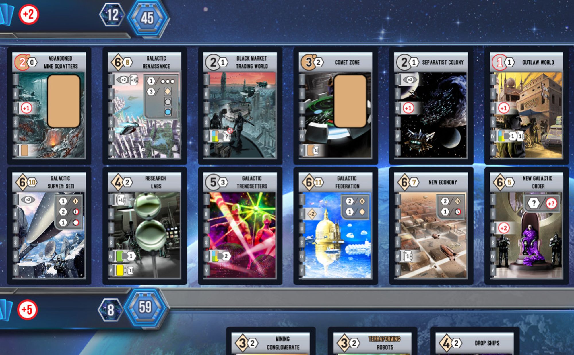 A game of Race for the Galaxy. The player has Galactic Renaissance, which gives 3 points for Research Labs, Galactic Trendsetters, and Artist Colony. They have +6 draws, +2 cards kept, Research Labs, and Galactic Trendsetters, but no Artist Colony.