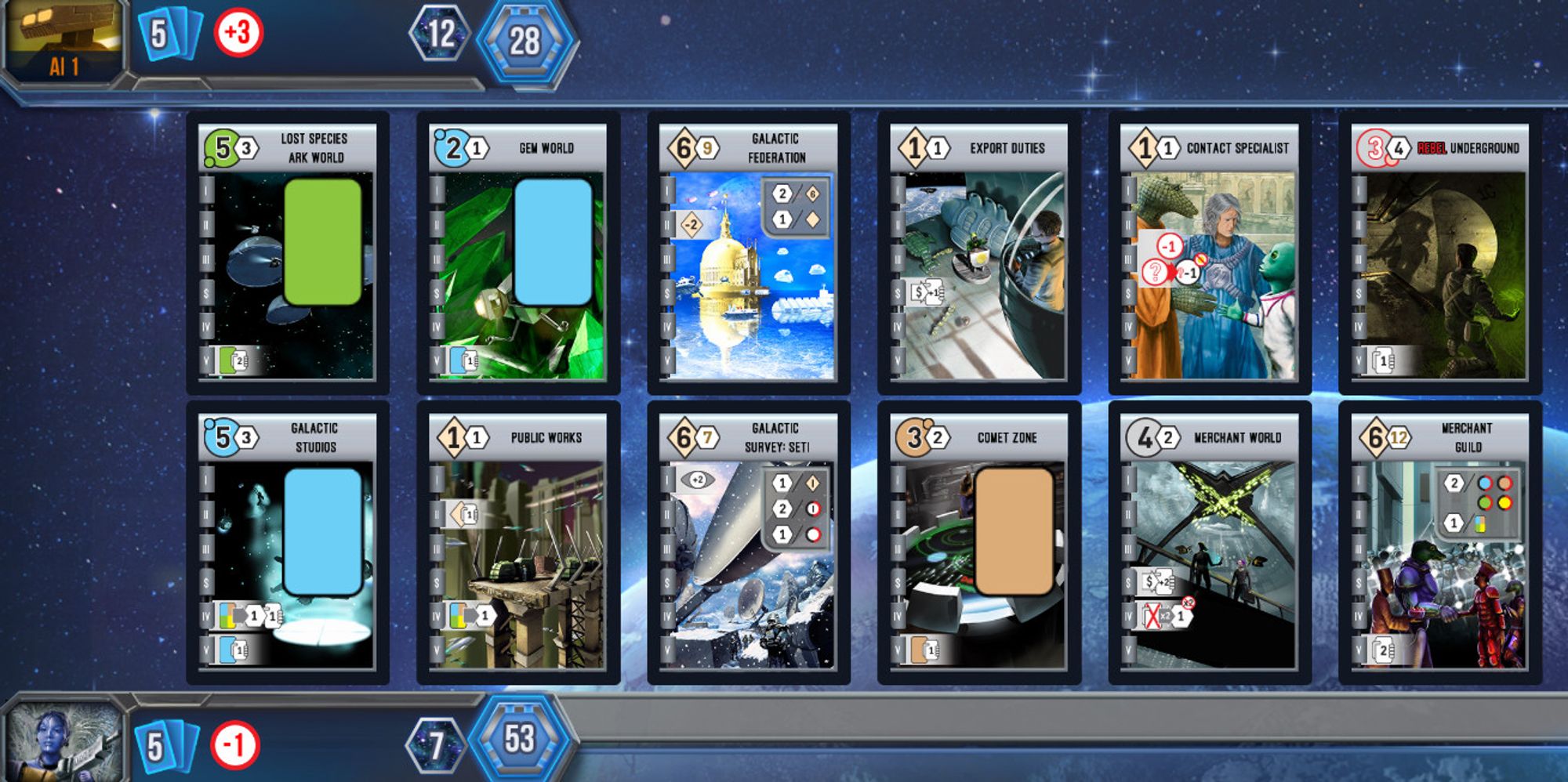 A completed Race for the Galaxy game. The player has Lost Species Ark World, Gem World, Rebel Underground, Galactic Studios, and Comet Zone. All of these cards allow the player to draw 1-2 cards when producing, a rare combination of cards which turns a small perk into an synergistic machine.