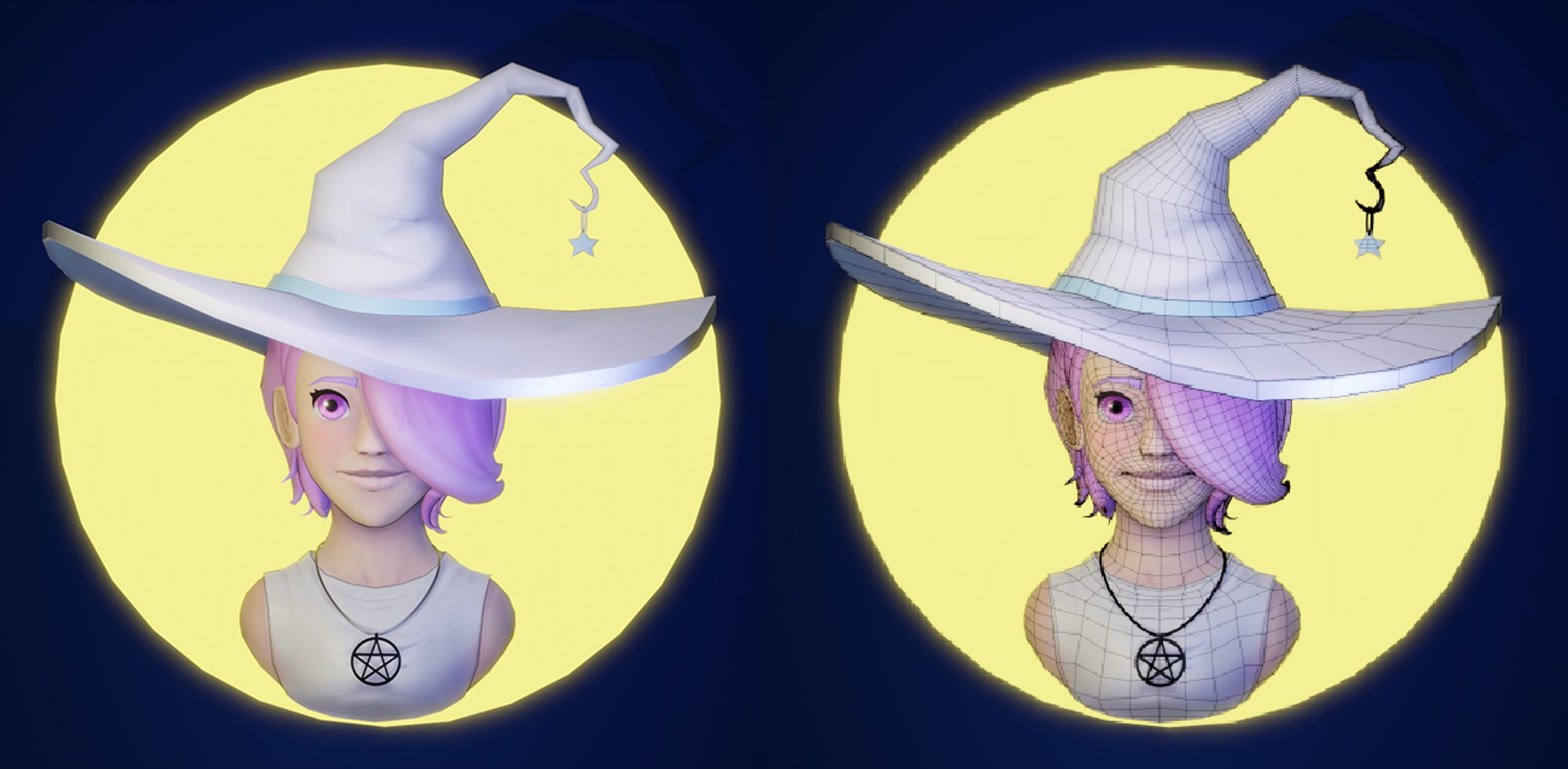 Bust of a witch, behind her a yellow moon. Left without wireframe on the left with wireframe