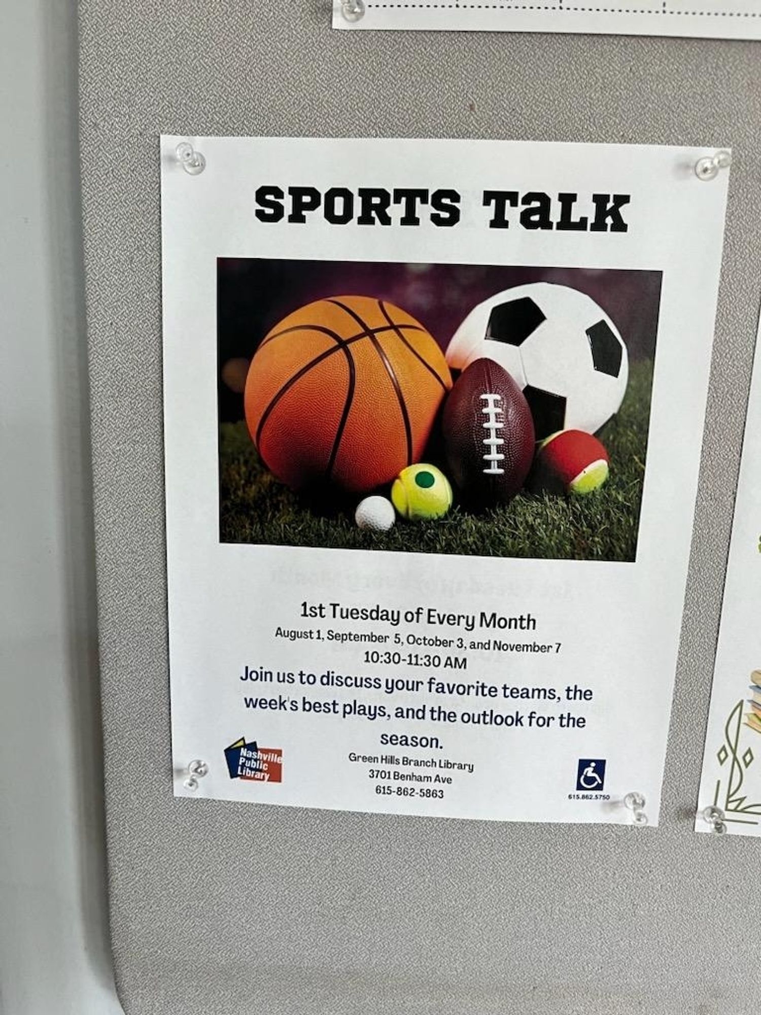 A flyer for an organized Sports Talk session at a library in Nashville