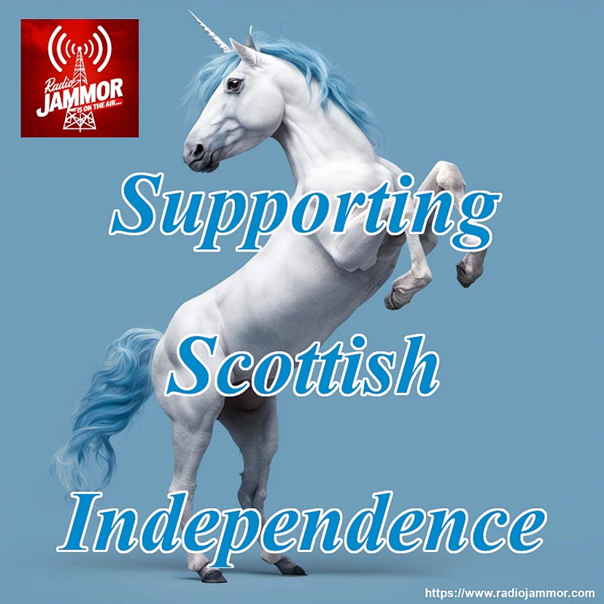 RJIOTA Unicorn with "Supporting Scottish Independence" (updated with new RJIOTA logo).