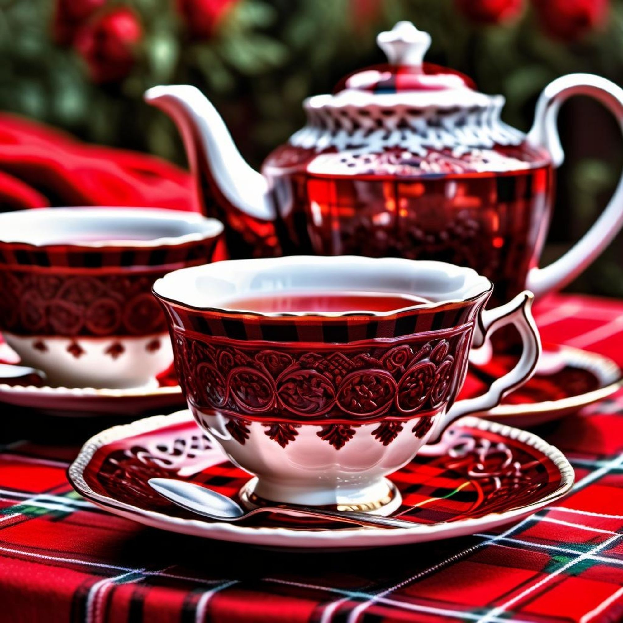 Teatime art: Red teapot, two red cups and saucers, on red tartan tablecloth