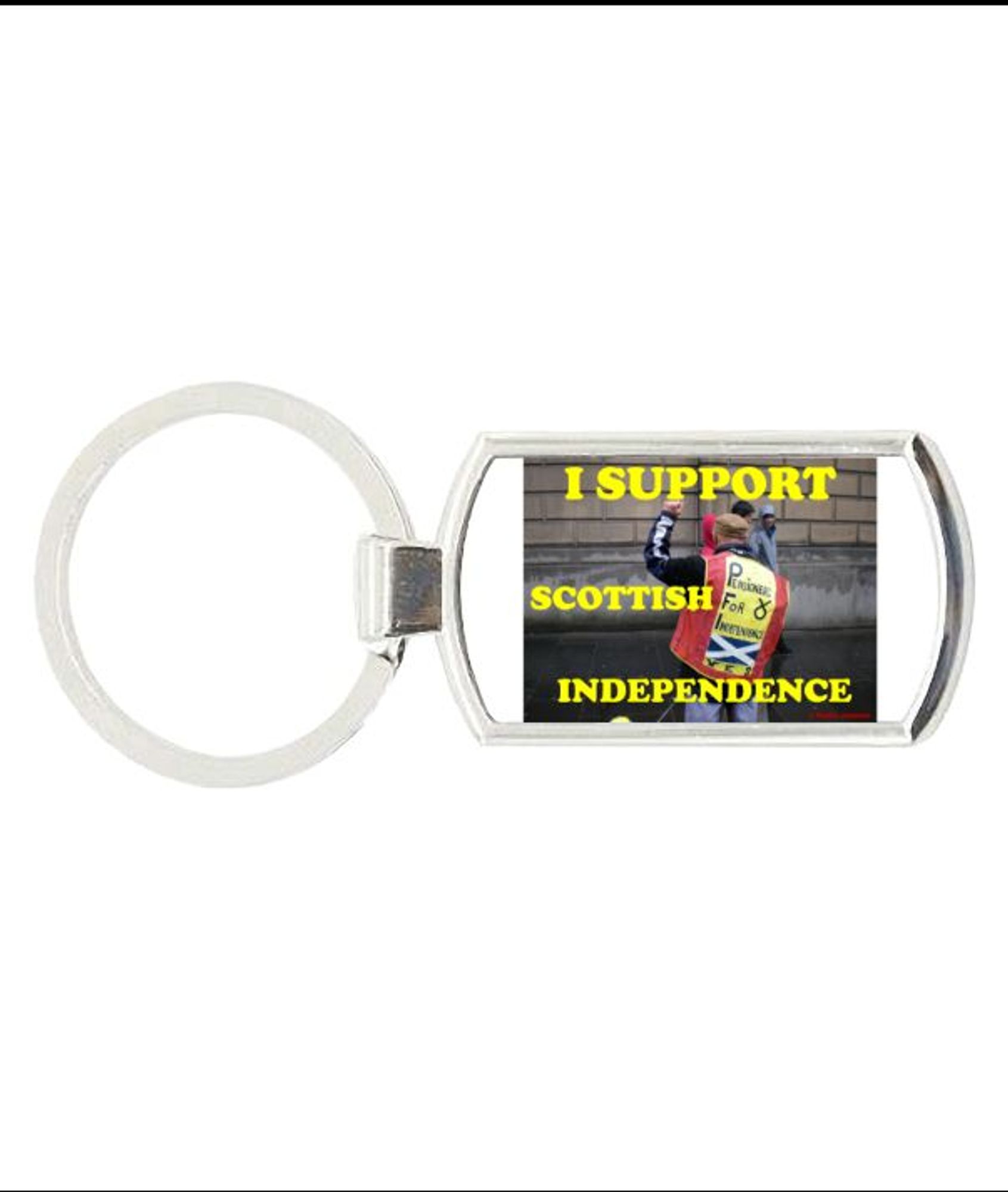 Round keyring with oblong fob showing a man with 'Pensioners for Independence' clothing, with the text "I Support Scottish Independence" over the image, in yellow.