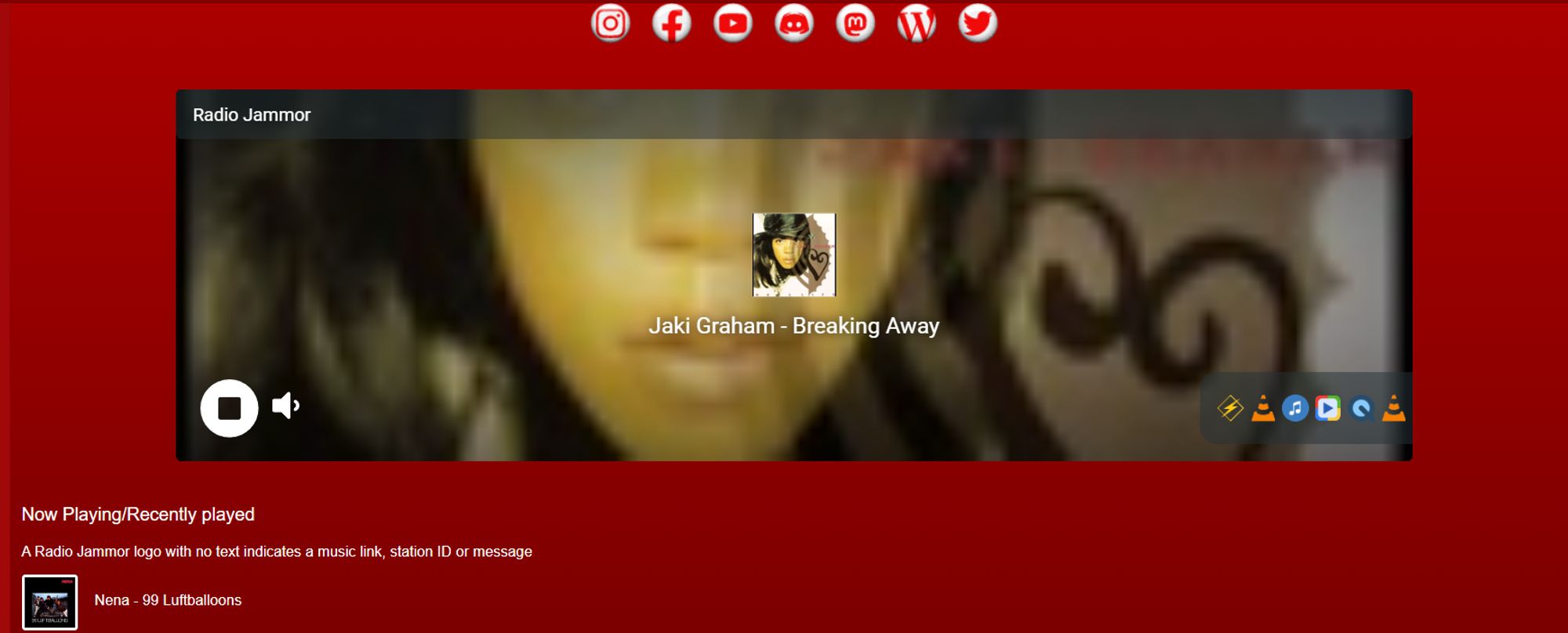 Jaki Graham - Breaking Away
Screenshot of Jaki Graham - Breaking Away, on Radio Jammor
(previous song, Nena - 99 Luftballoons)
