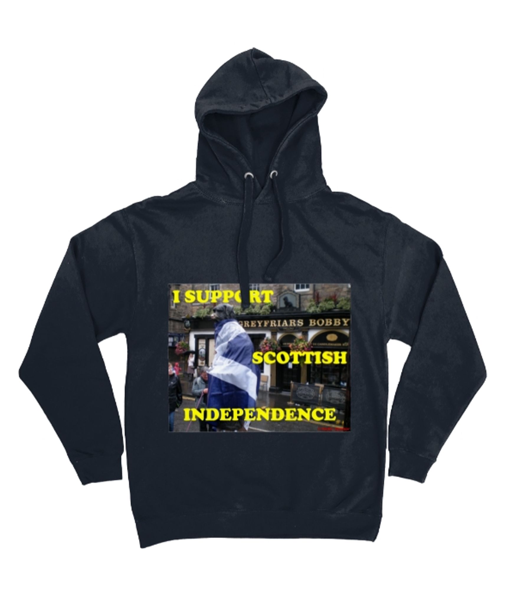 AWDis Epic Print Hoodie - French Navy, Greyfriars Bobby covered in Saltire photo design and "I Support Scottish Independence" text over it, in yellow.
Also available in other colours and various sizes.