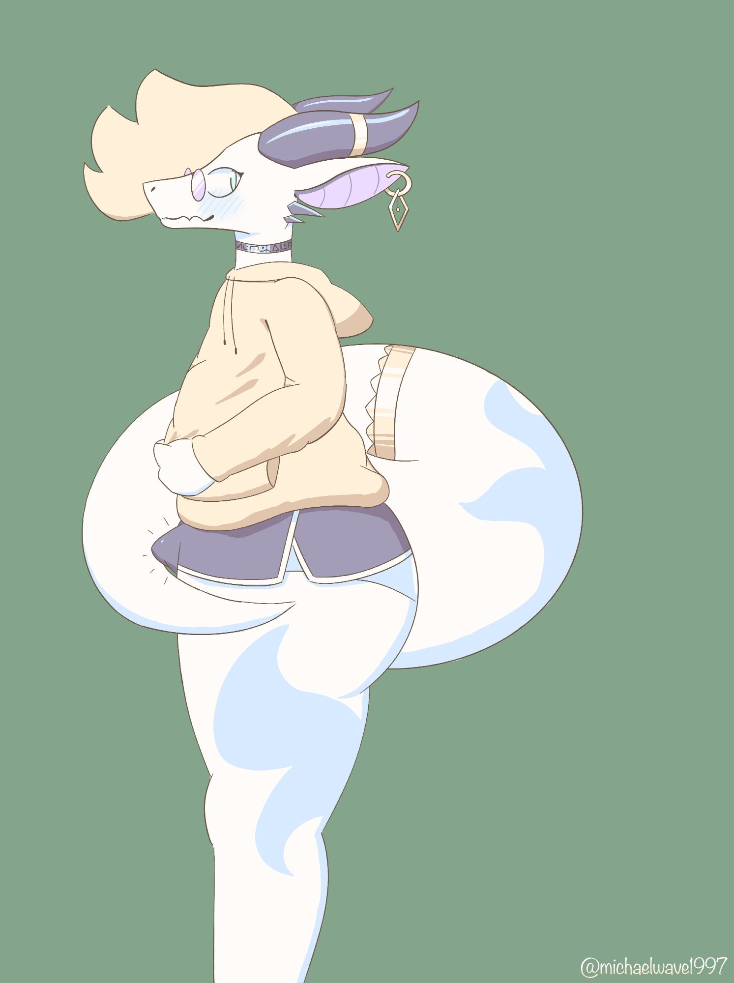 digital art of a white male anthro dragon standing against a green background, he's wearing a pullover and booty shorts with his undergarments clearly visible. he has a visible erection under the shorts.