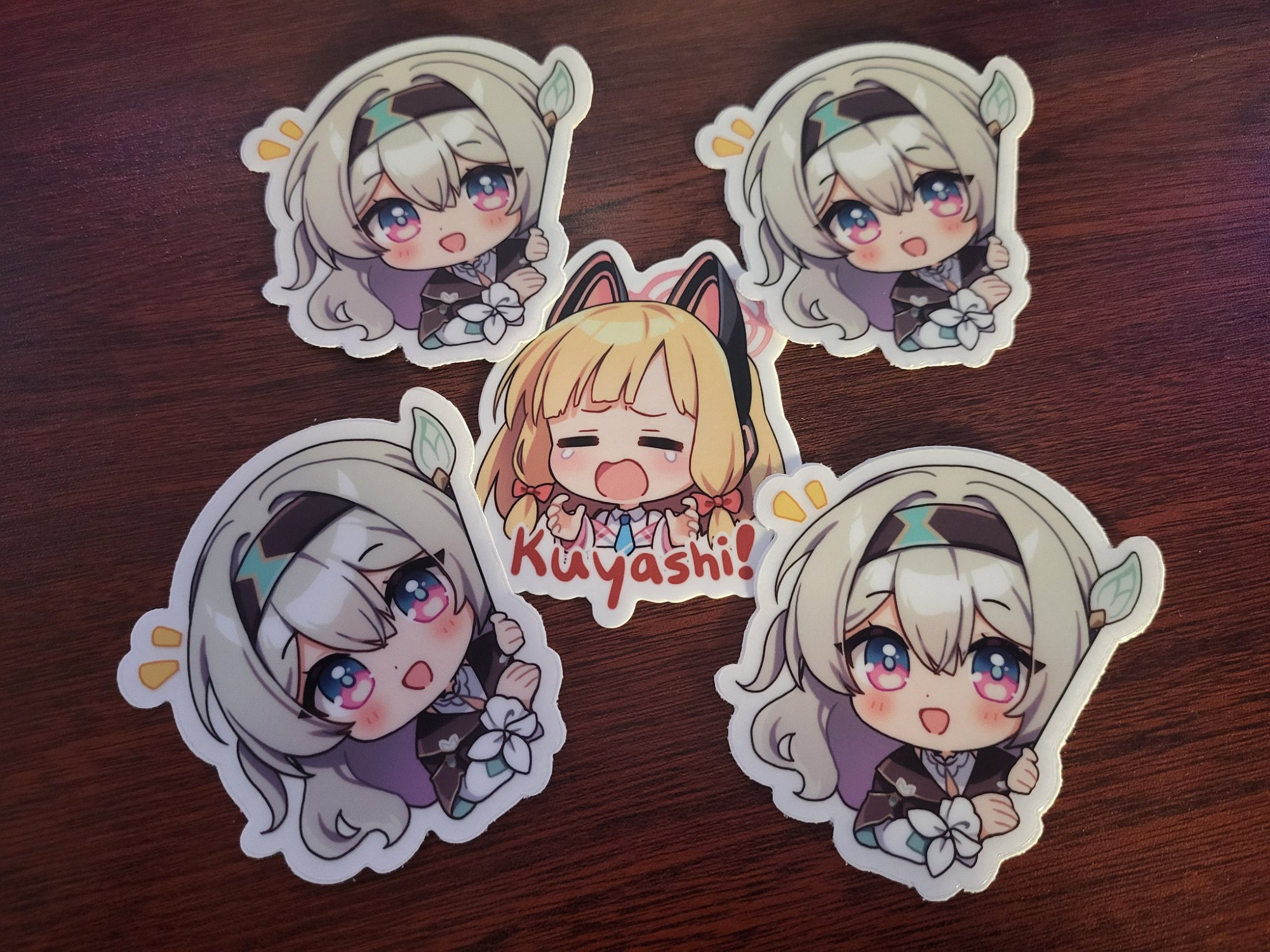 4 firefly stickers from honkai star rail and 1 Momoi (KUYASHI) sticker from blue archive