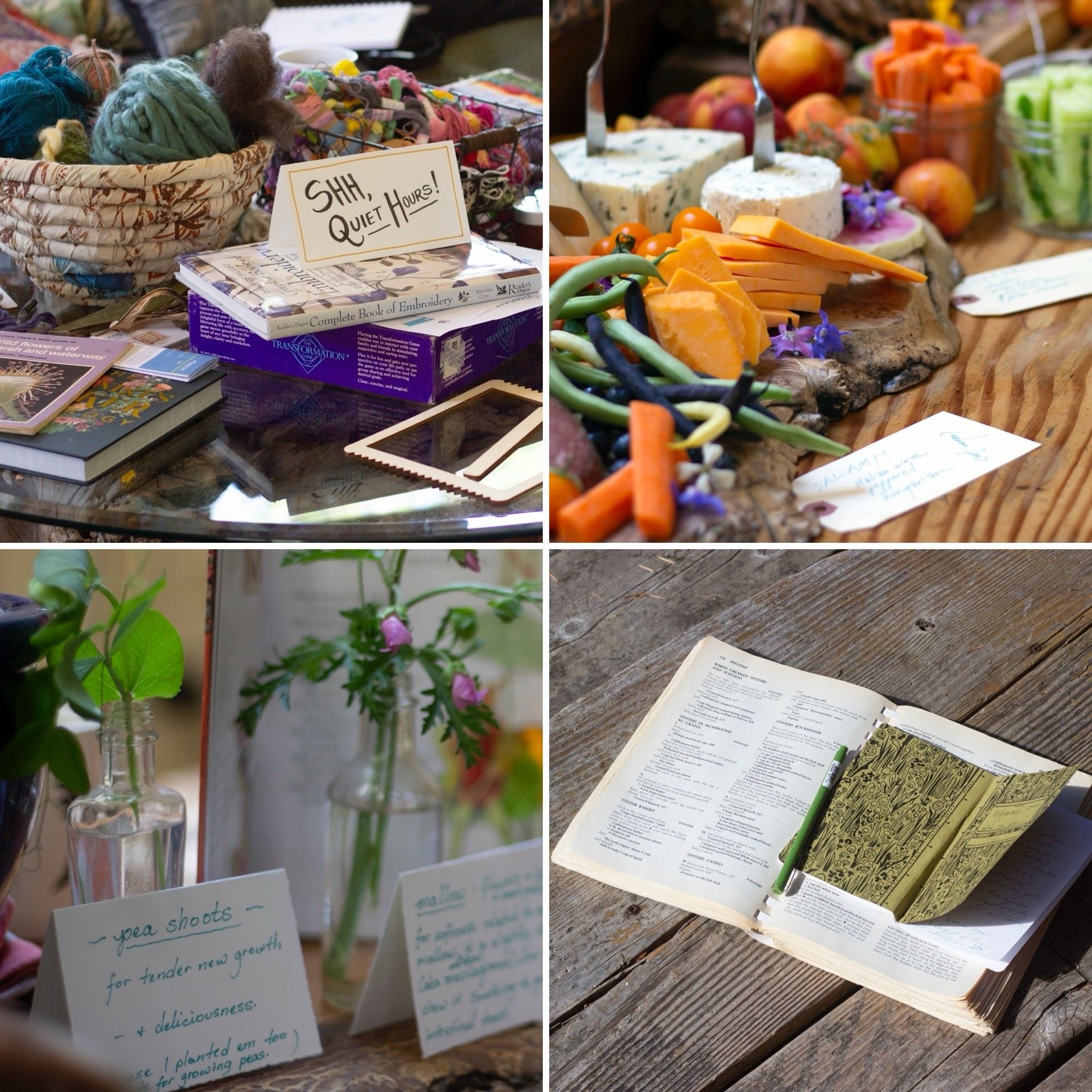 Four photos: a table piled with books, yarn and a handwritten sign saying "shh, quiet hours!" A cheese board piled with snacks. Small bottles with a single flower in each, accompanied by a handwritten sign explaining the plant and its uses. A book, notebook pen on a wood deck.