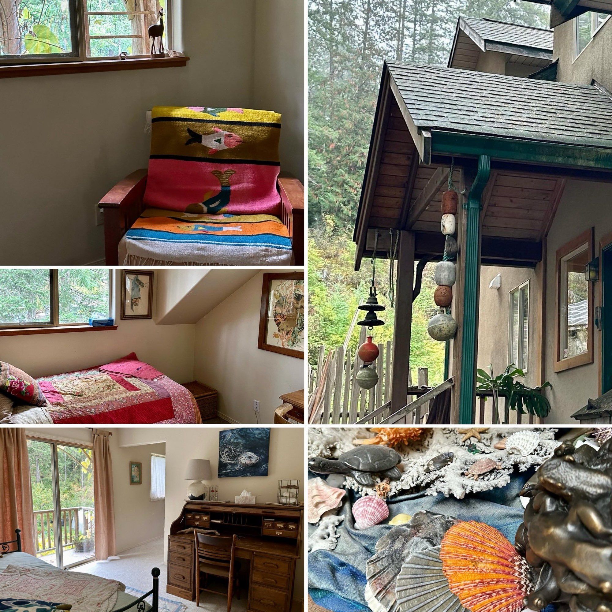 A collection of photos from around the Wayward Retreat house: an armchair under a window, the front porch of the house with a collection of round buoys hanging from the eaves, a bedroom with a desk and balcony, a collection of seashells.