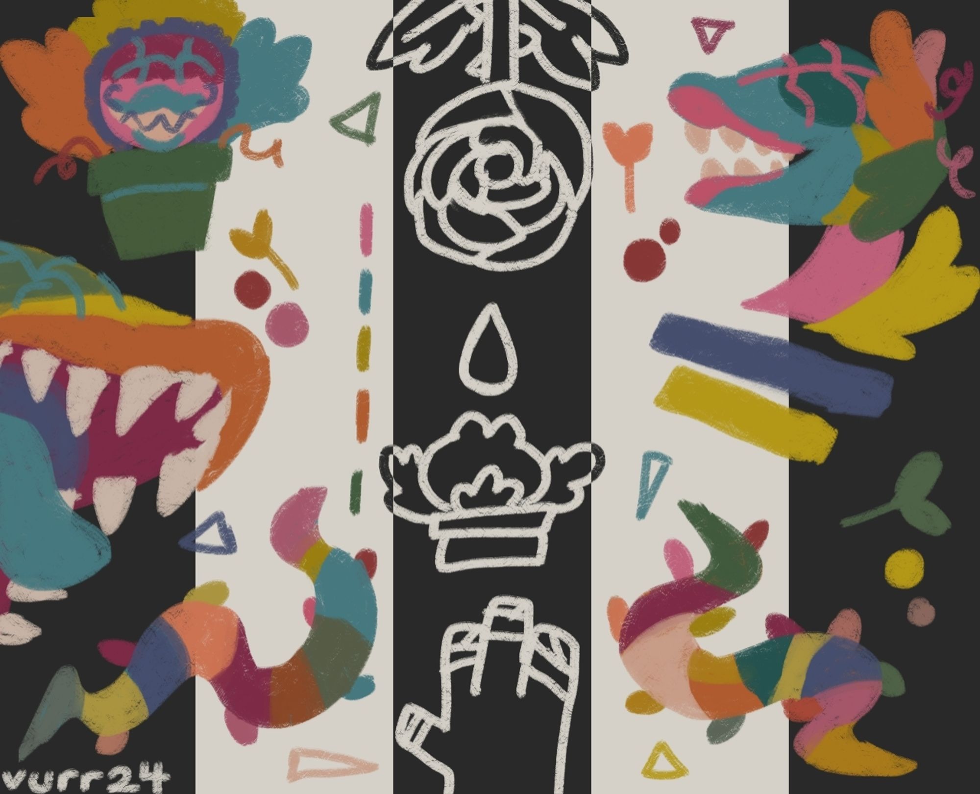 an illustration heavily inspired by "striped" by vasily kandinsky. the background consists of 3 black stripes and 2 white stripes and in front of them are color blocked audrey iis and vines. the middle black stripe has white lineart depicting a rose, blood drop, baby audrey ii, and bandaged hand. the piece has variously colored circles, triangles, and sprouts decorating would-be blank space