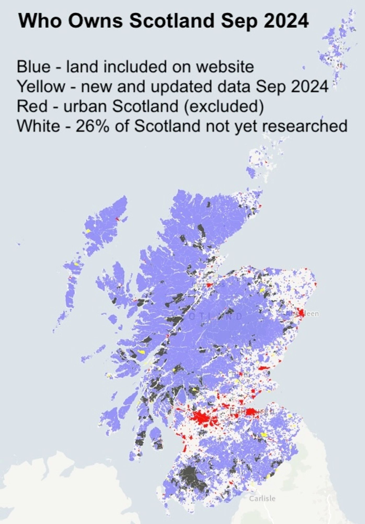 map of scotland showing land covered by Who Owns Scotland project