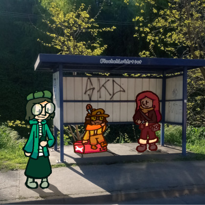 Harper (the green one with glasses) Dusty (The orange one with the cap) and Cherry (the red one in the right) waiting for a bus problably.