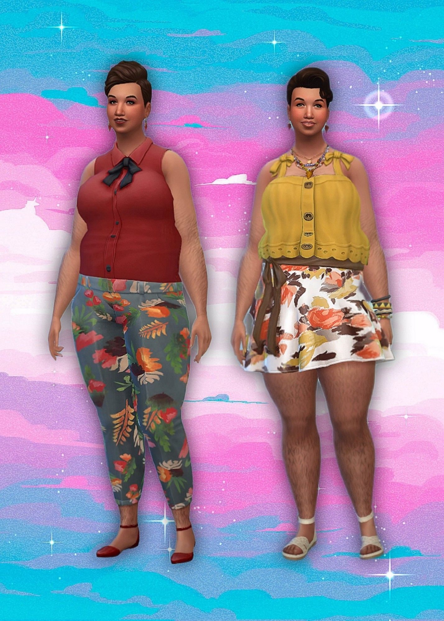 Image shows a Trans Nonbinary sim in 2 different outfits, on a colorful background