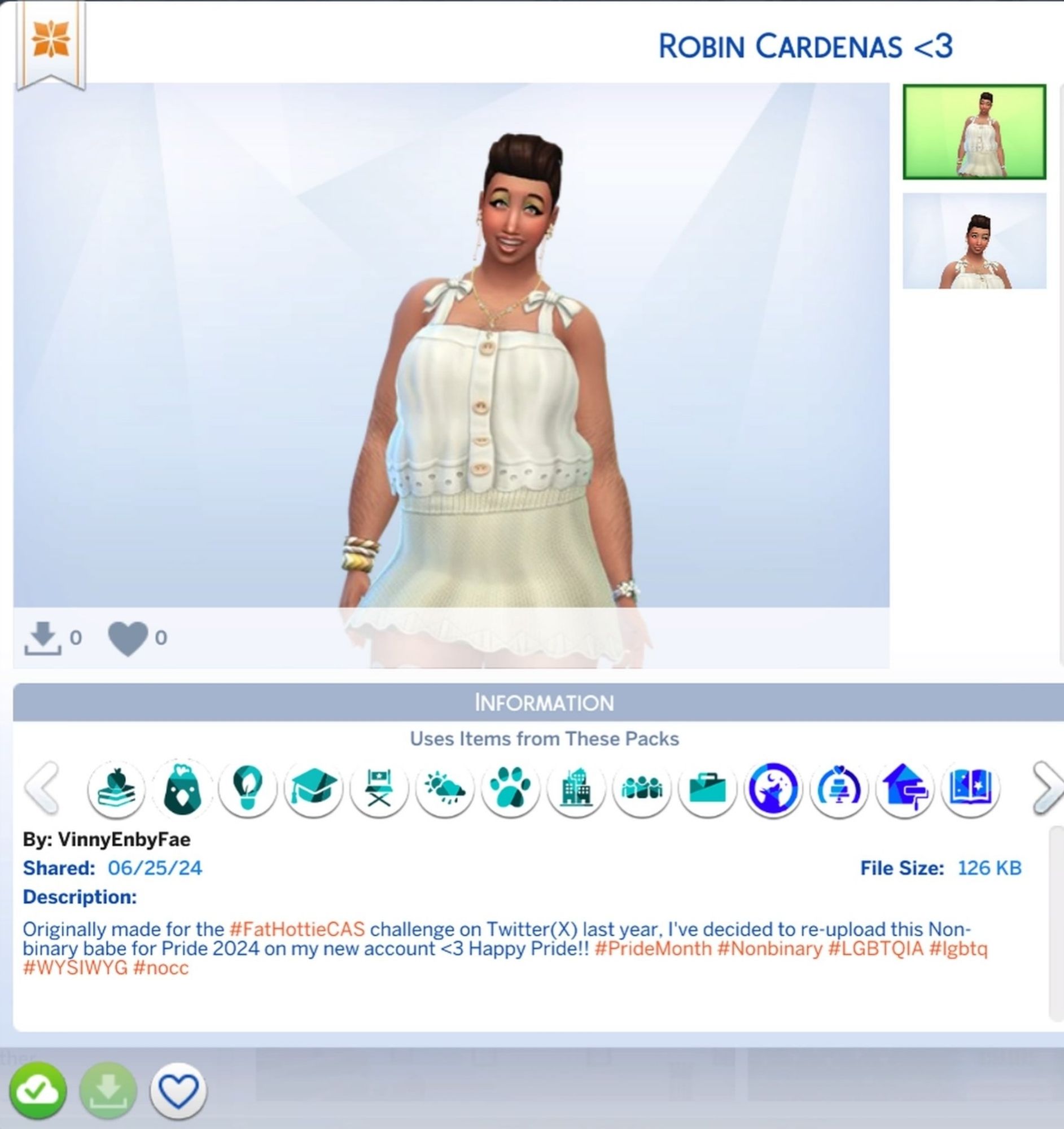 Image shows a Trans nonbinary sim for download in the gallery under the GalleryID: VinnyEnbyFae.