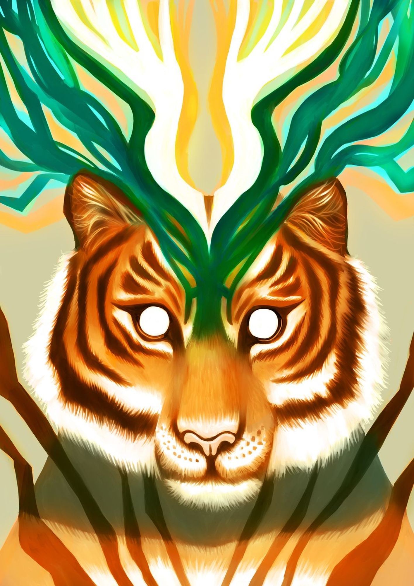 illustration of a tiger bust with green bands like horns, the stripes are expanding as well