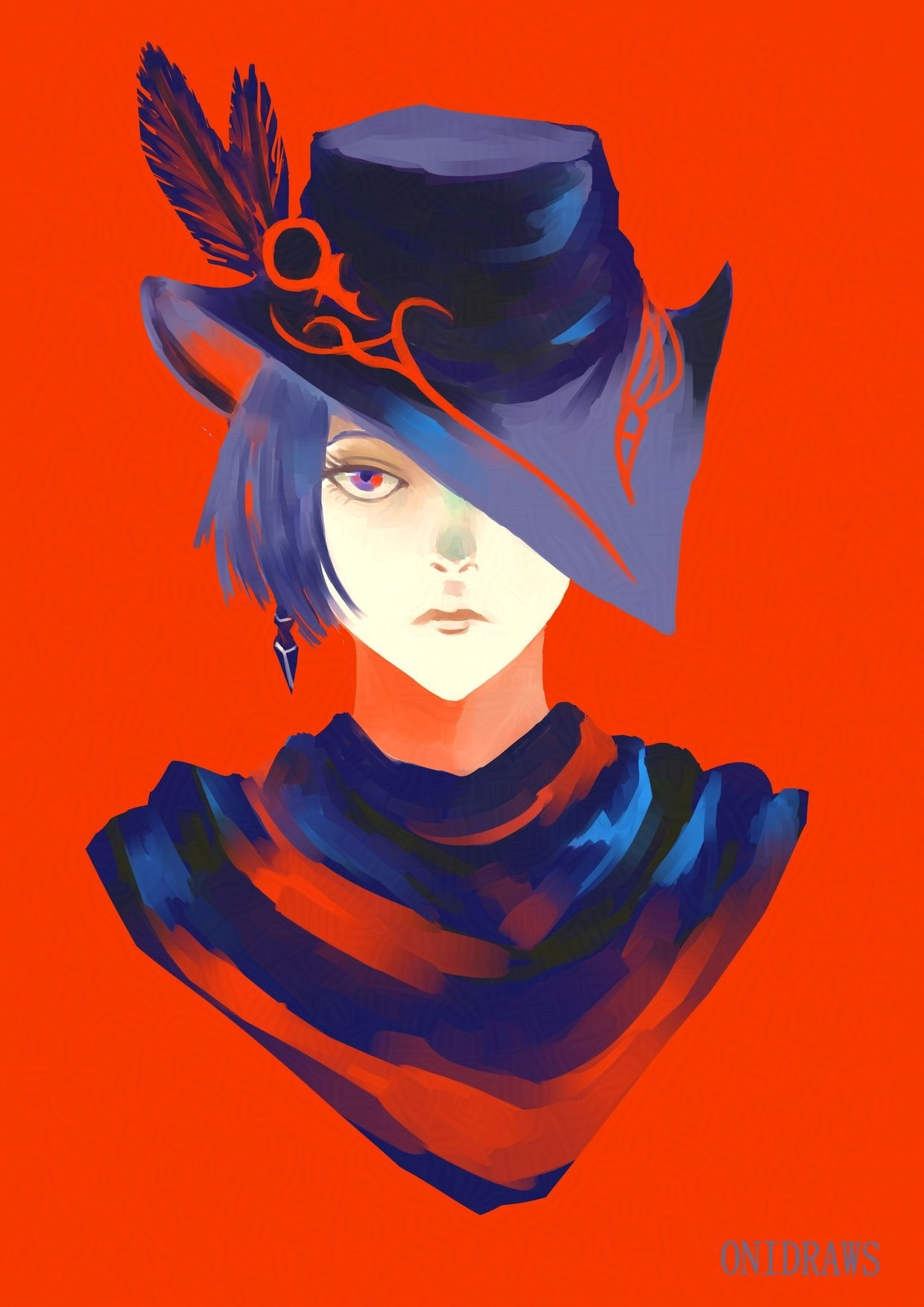 Painting portrait of Zero from final fantasy 14. The picture is mainly on a bright red background as Zero is painted in shades of blue and grey. Some of the details are also in red.
